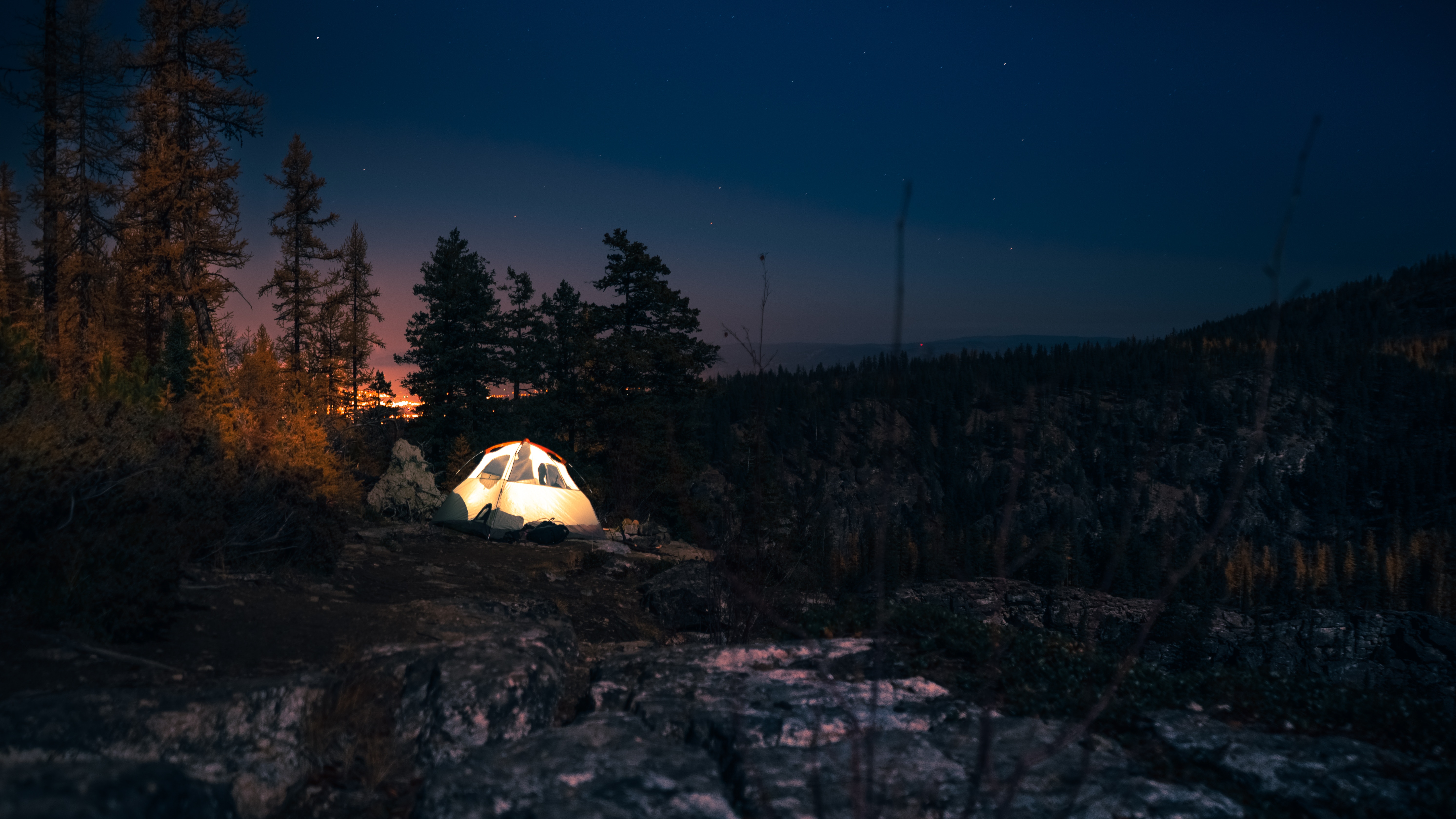 dark, night, trees, starry sky, tent, camping, campsite 4K for PC