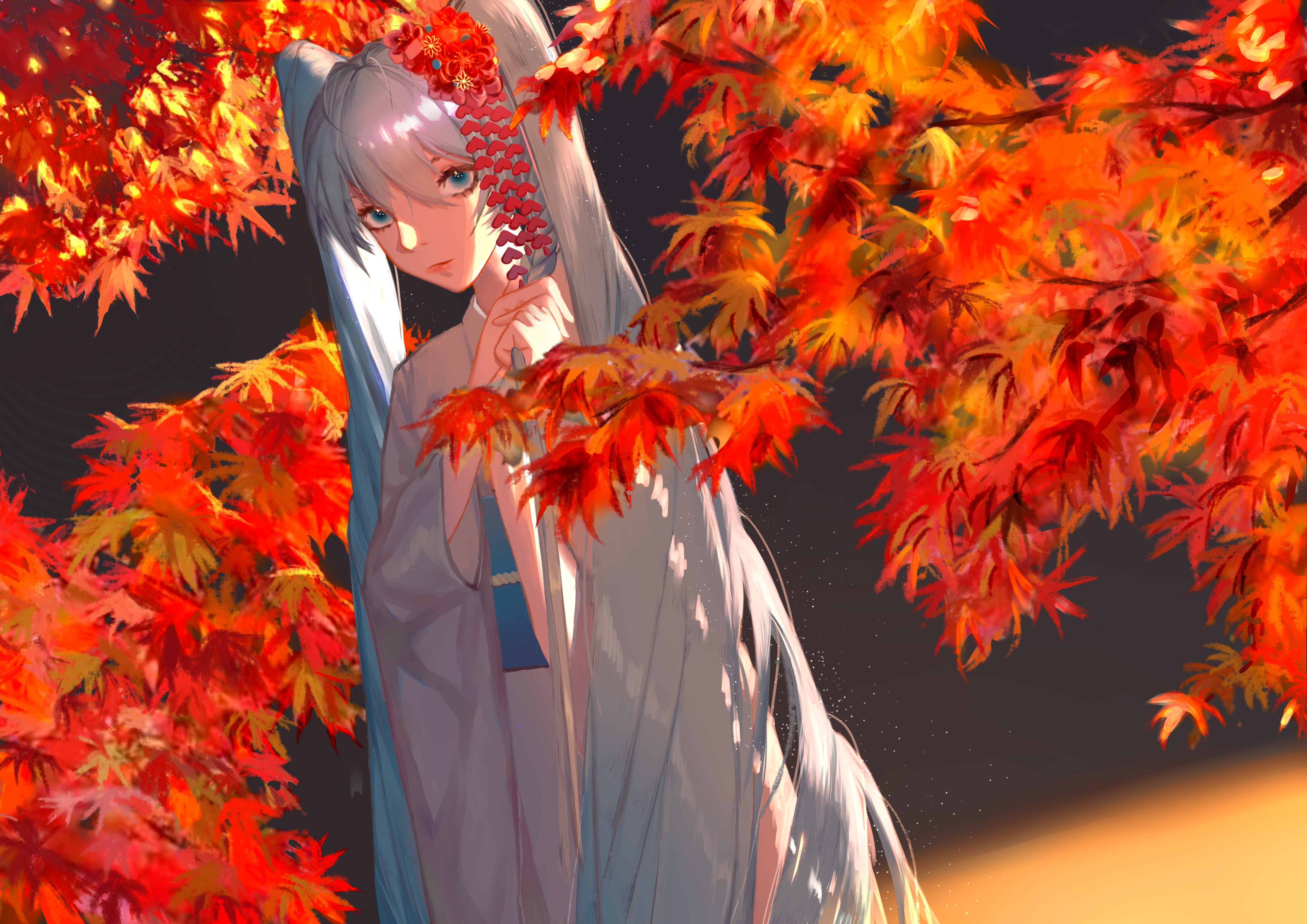 Laden Sie das Herbst, Vocaloid, Blaue Augen, Hatsune Miku, Animes, Lange Haare, Weißes Haar-Bild kostenlos auf Ihren PC-Desktop herunter