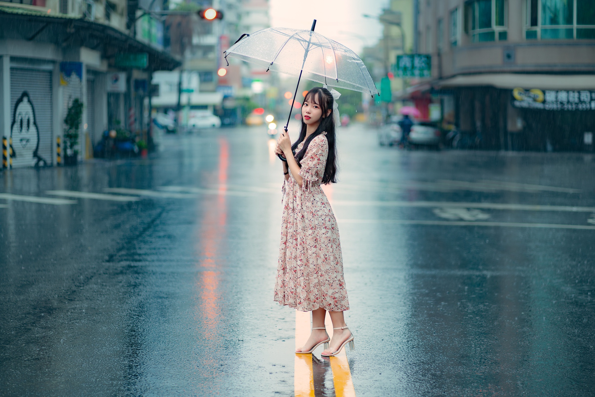 Download mobile wallpaper Umbrella, Dress, Model, Women, Asian, Black Hair, Long Hair, Depth Of Field for free.