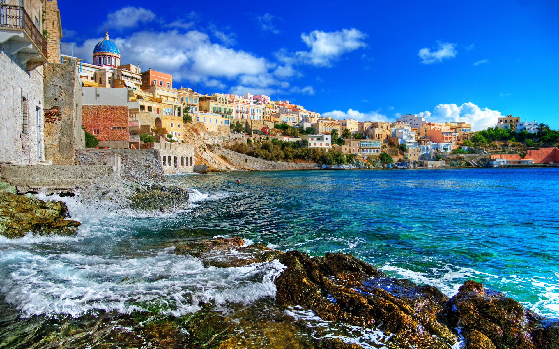 tropical, villa, place, man made, sea, wave, architecture, village, shore, town, building, cloud, greece, house, ocean, scenic, sky, syros, towns