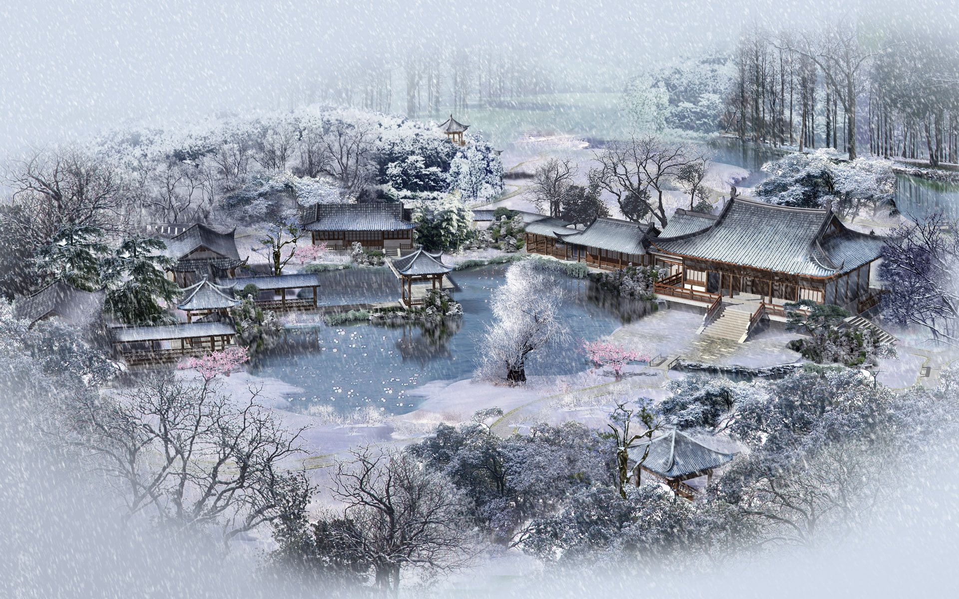 winter, nature, houses, snow, pond, china, from above, above, kindergarten, day care, small houses
