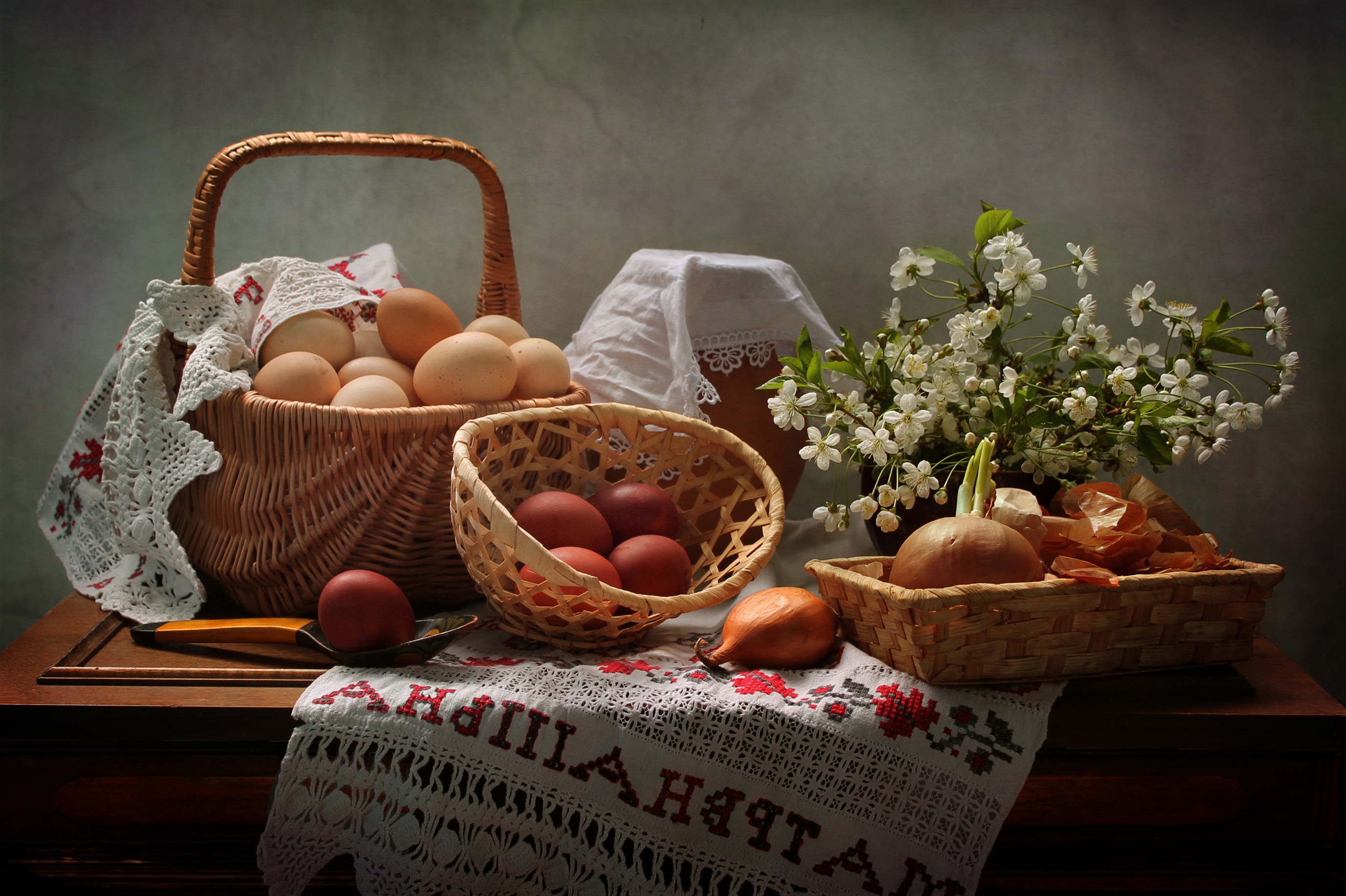 Download mobile wallpaper Food, Still Life, Flower, Basket, Egg, Onion, White Flower for free.