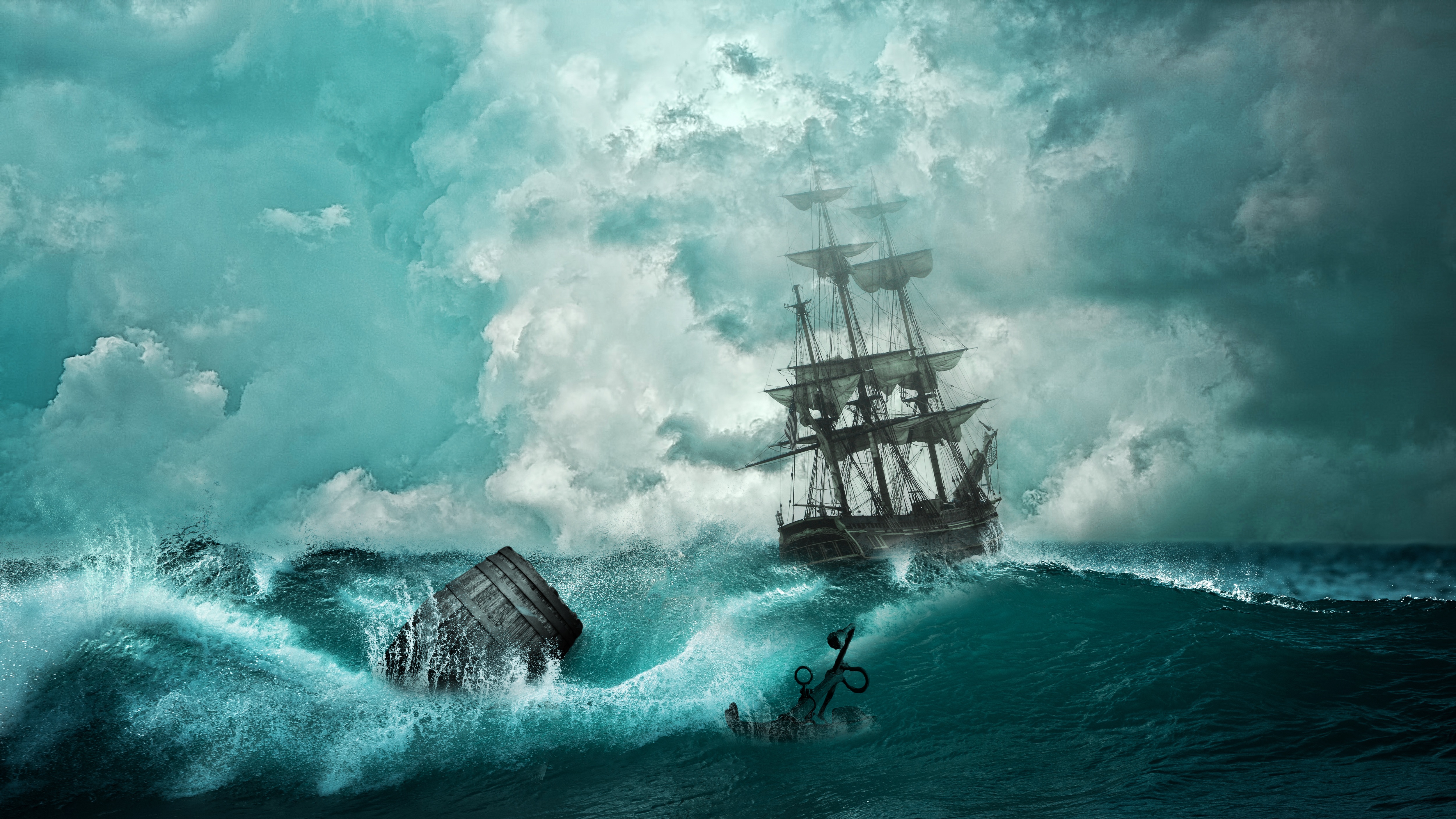 136463 скачать картинку корабль, арт, волны, шторм, якорь, фотошоп - обои и заставки бесплатно