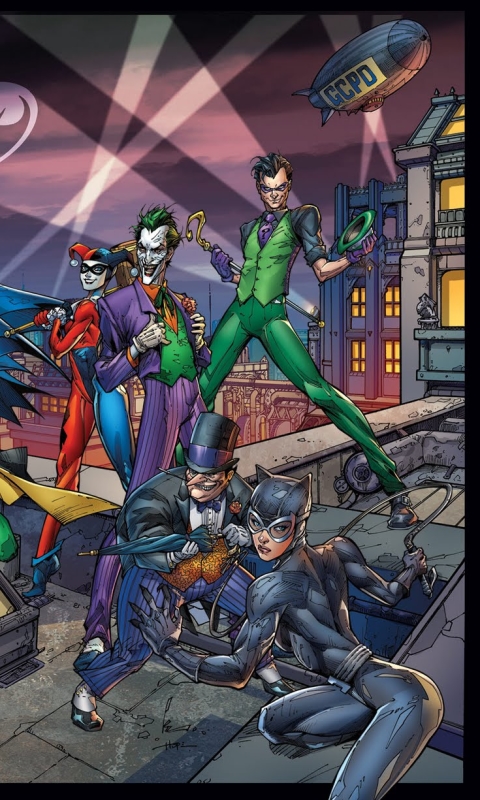Скачать картинку Джокер, Комиксы, Бэтмен, Харли Квинн, Ядовитый Плющ, Женщина Кошка, Робин (Комиксы Dc), Два Лица, Пингвин (Комиксы Dc), Риддлер (Комиксы Dc), Харли Куинн в телефон бесплатно.