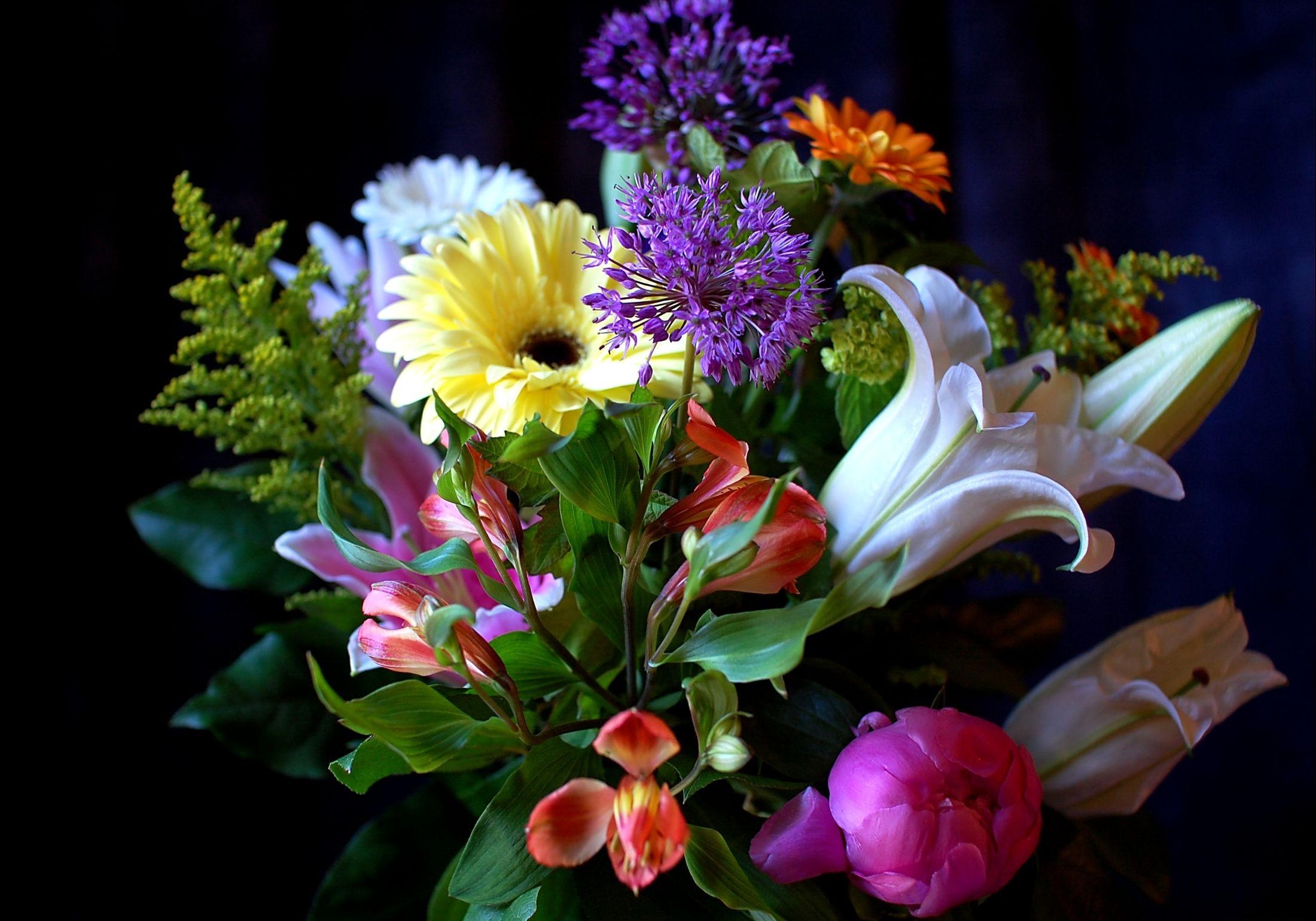 Téléchargez des papiers peints mobile Bouquet, Lilies, Fleurs, Légumes Verts, Gerberas, Verdure, Composition gratuitement.