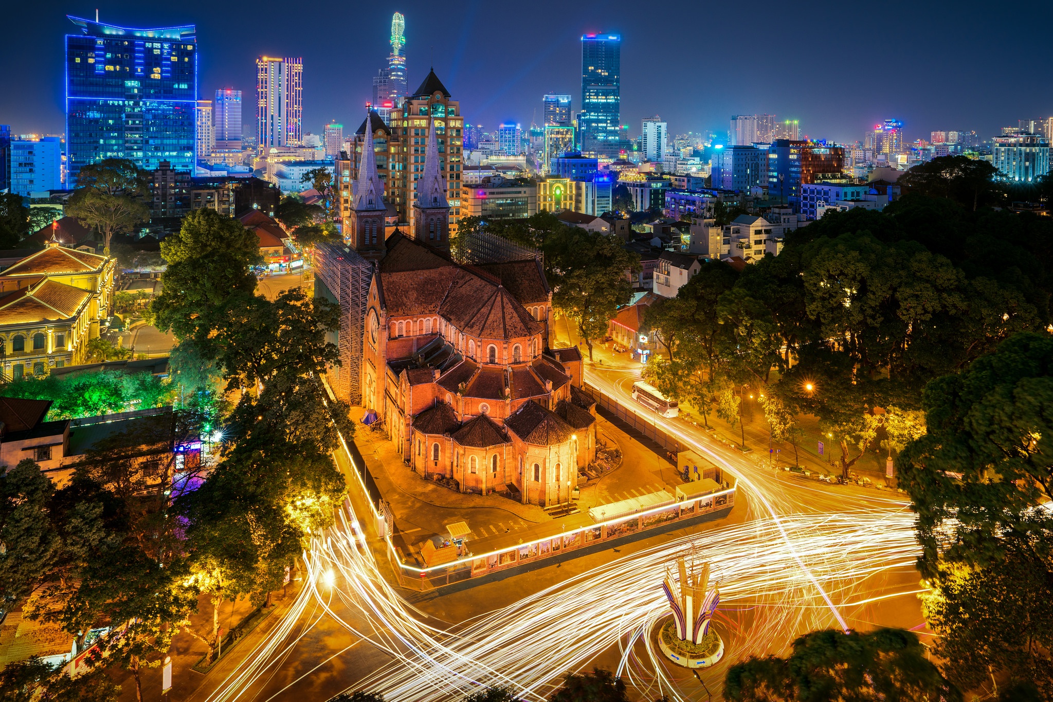 Download mobile wallpaper Night, City, Church, Vietnam, Churches, Religious, Time Lapse for free.