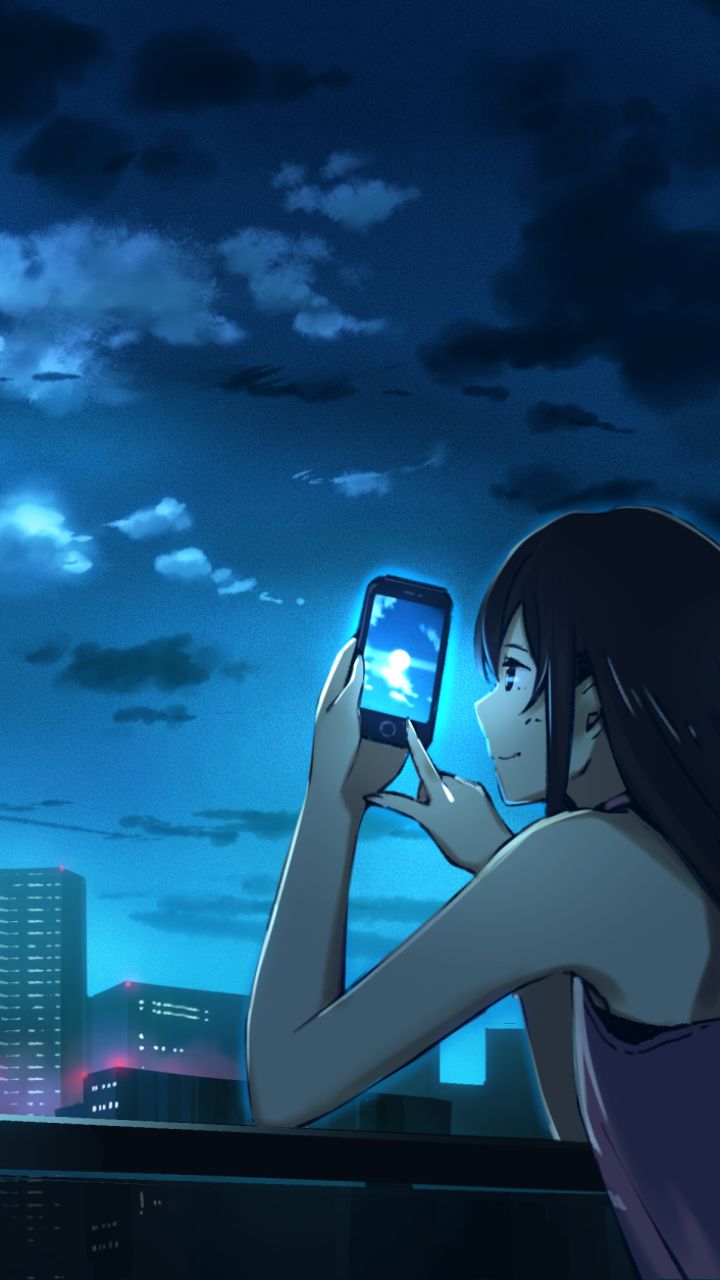 Handy-Wallpaper Mond, Smartphone, Original, Animes, Schwarzes Haar, Lange Haare kostenlos herunterladen.