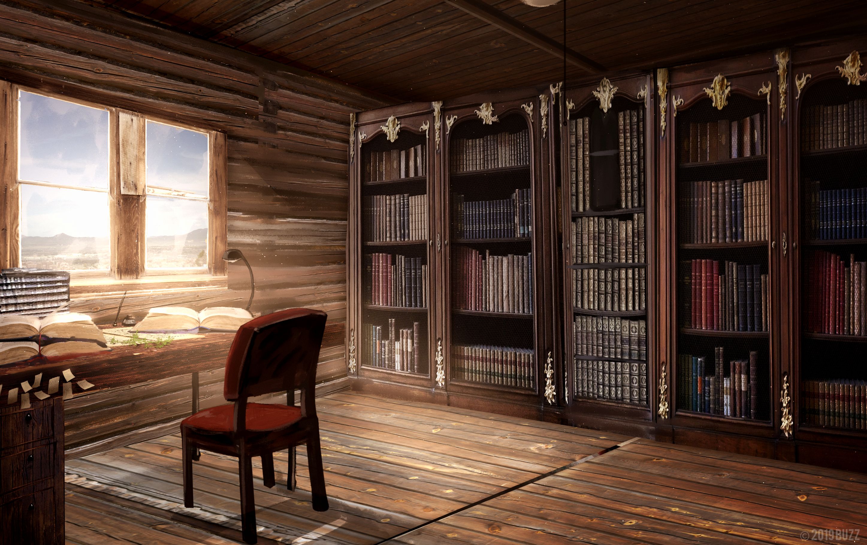 library, anime, book, chair, desk, window, wooden