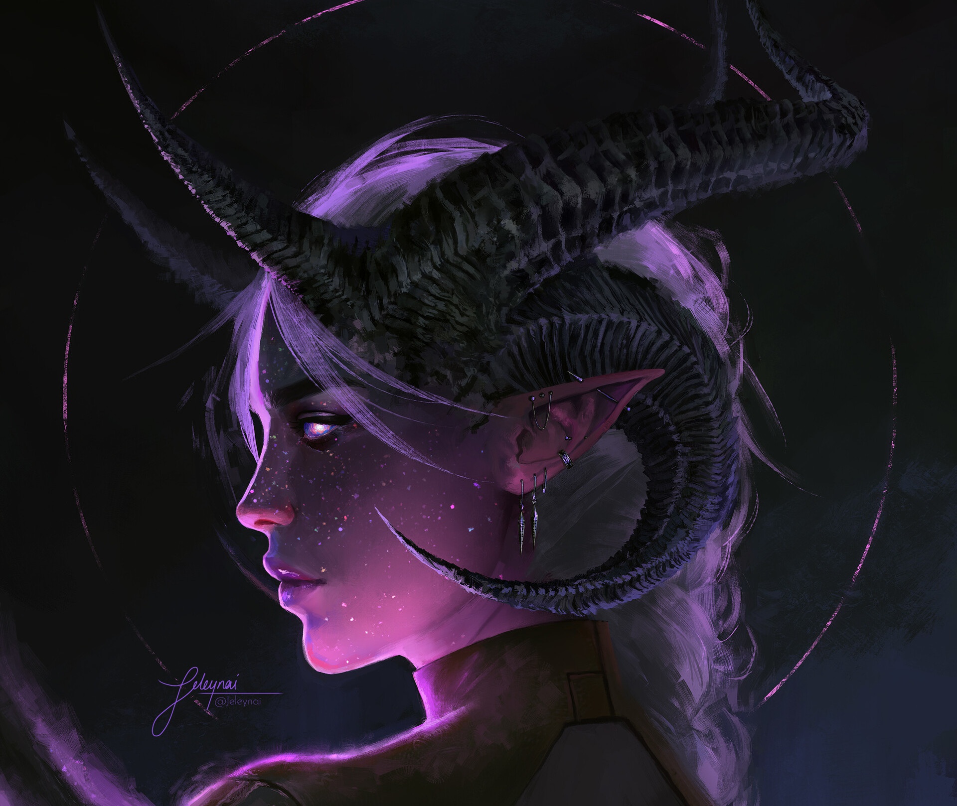 Download mobile wallpaper Fantasy, Face, Horns, Demon, Pointed Ears, White Hair for free.