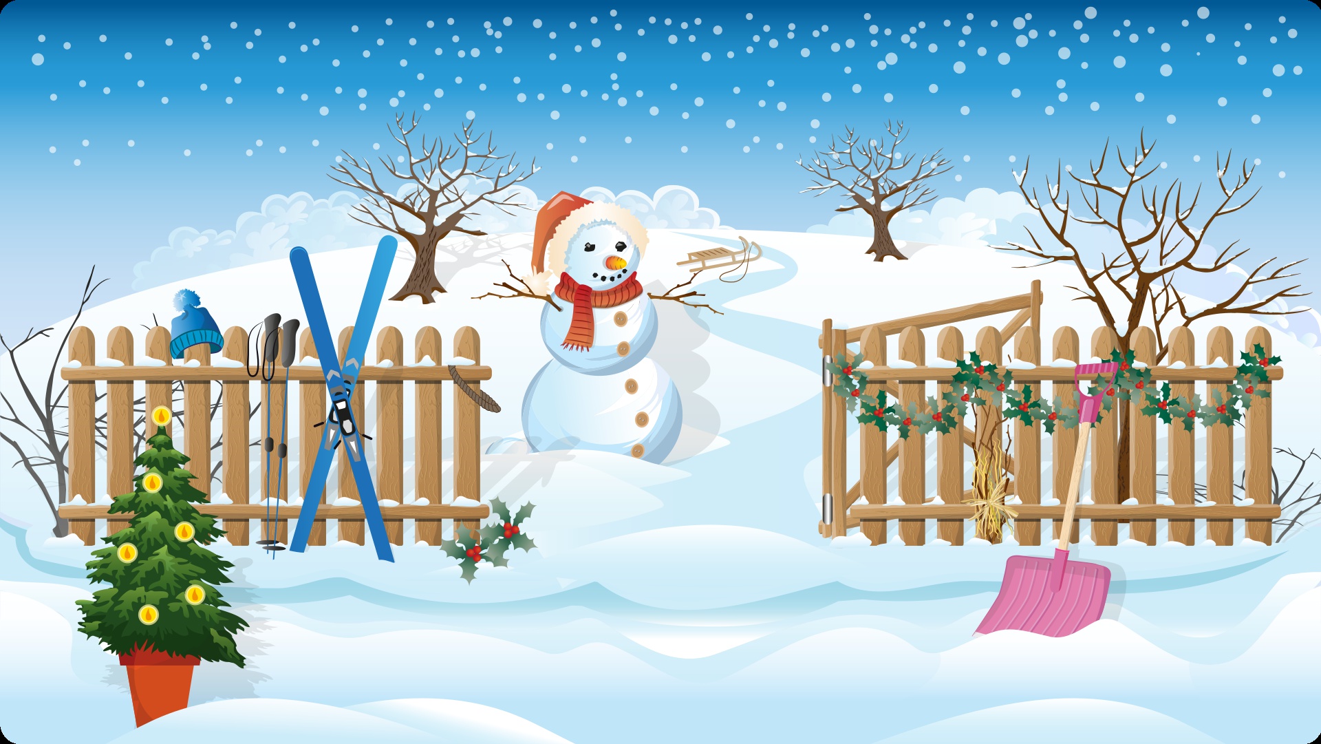 Скачать картинку Зима, Рождество, Рисунок, Ограда, Снеговик, Художественные в телефон бесплатно.