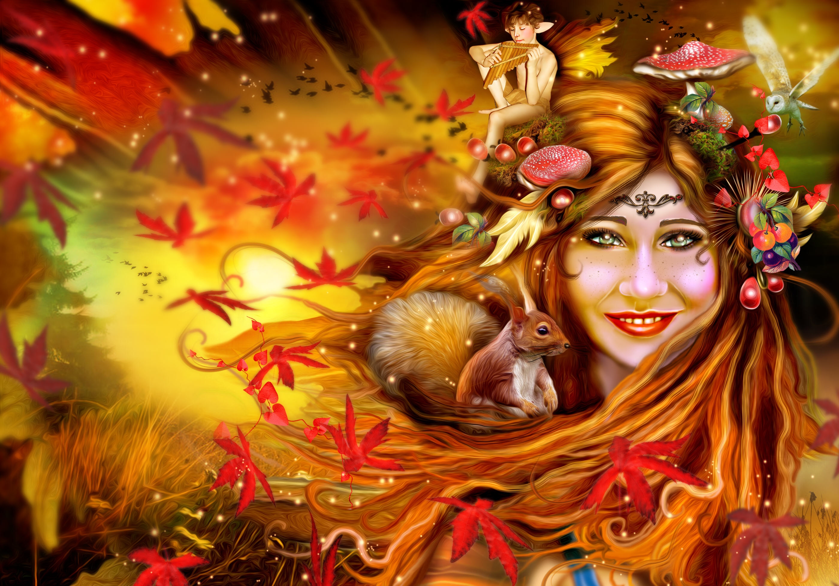 Free download wallpaper Fantasy, Forest, Leaf, Fall, Mushroom, Elf, Fairy on your PC desktop