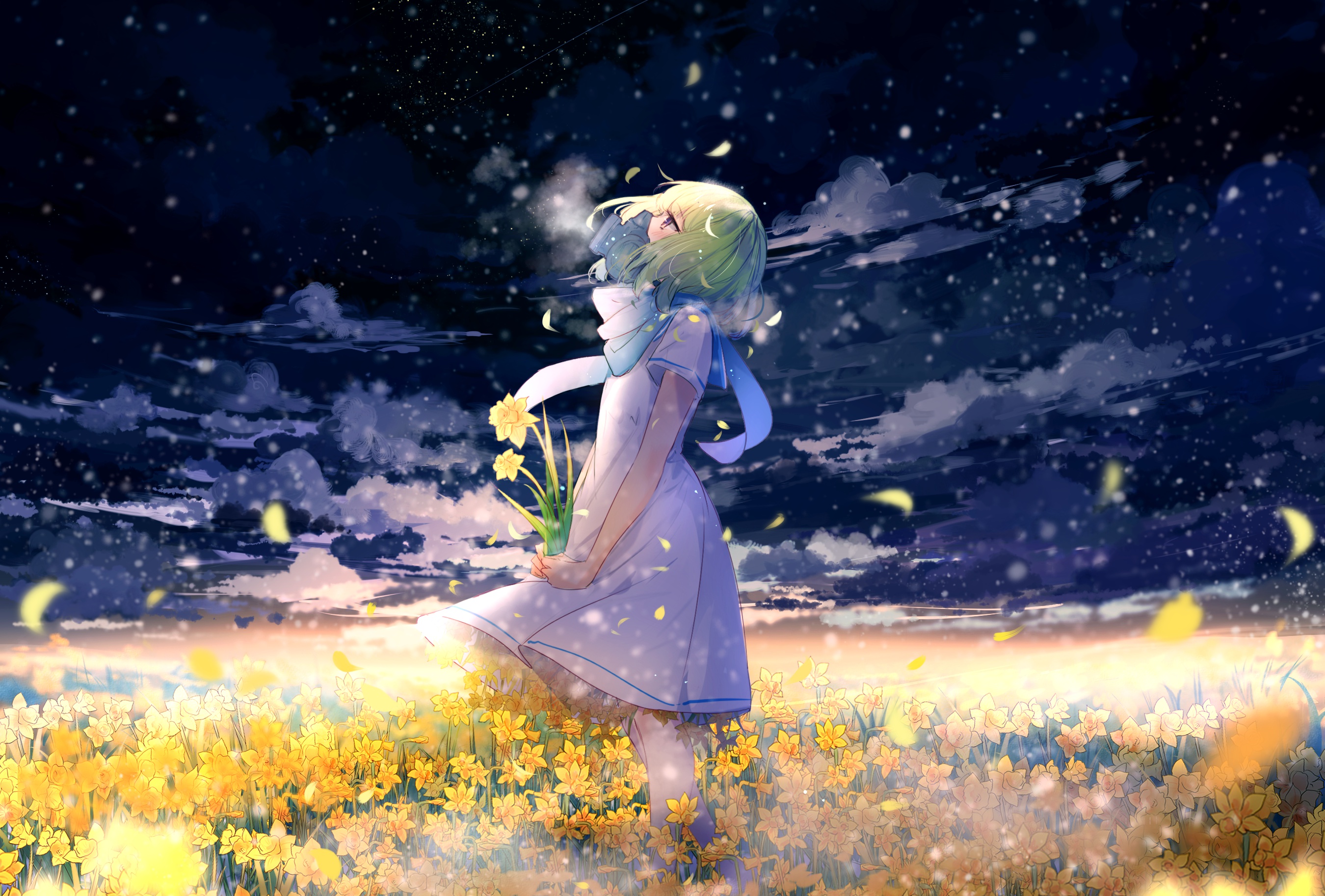 Free download wallpaper Anime, Field, Mood, Green Hair, Yellow Flower, Original, Daffodil, White Dress on your PC desktop