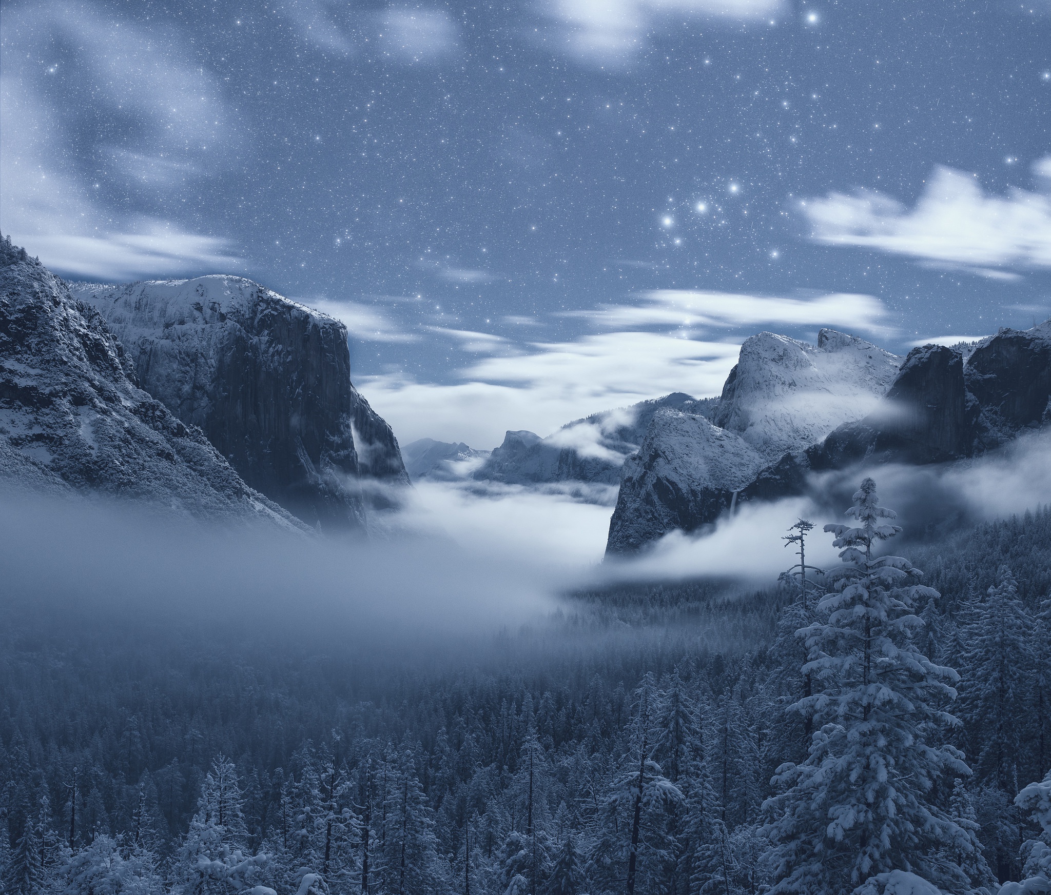 Descarga gratuita de fondo de pantalla para móvil de Invierno, Naturaleza, Estrellas, Noche, Bosque, Niebla, Cielo Estrellado, Acantilado, Parque Nacional, Parque Nacional De Yosemite, Tierra/naturaleza.