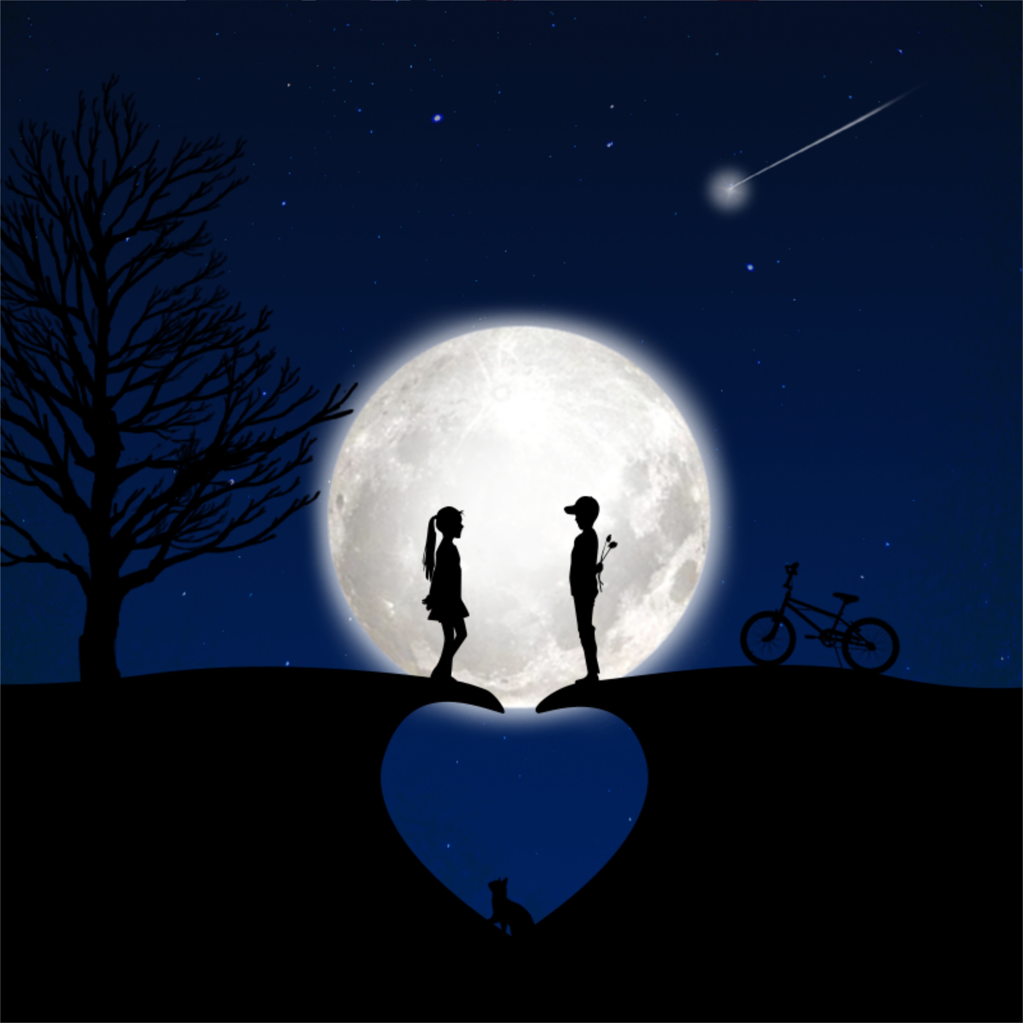 love, children, moon, silhouettes, romance