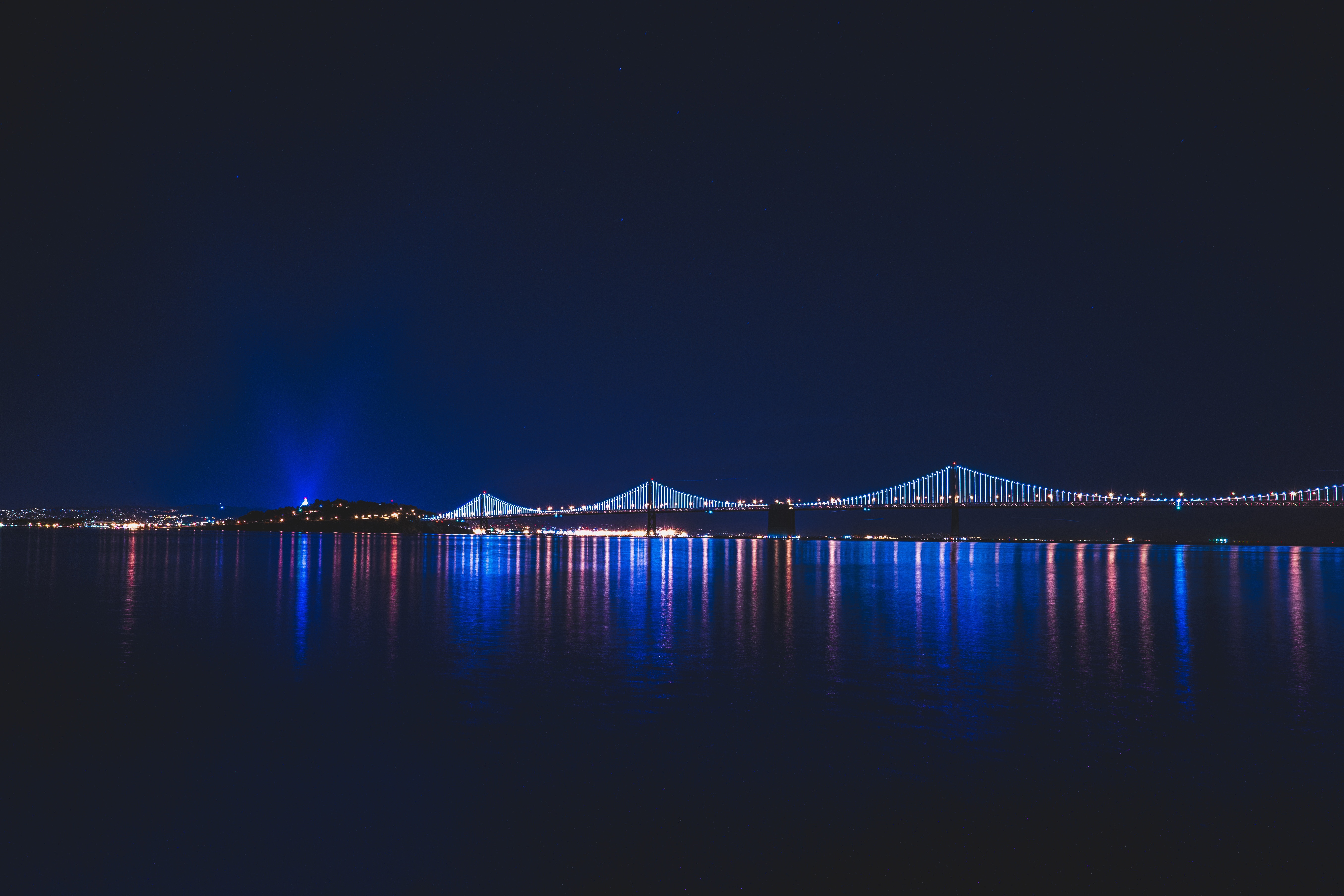 無料モバイル壁紙橋, 反射, 光, 青い, ブリッジ, サンフランシスコ, 夜, ベイブリッジ, マンメイドをダウンロードします。