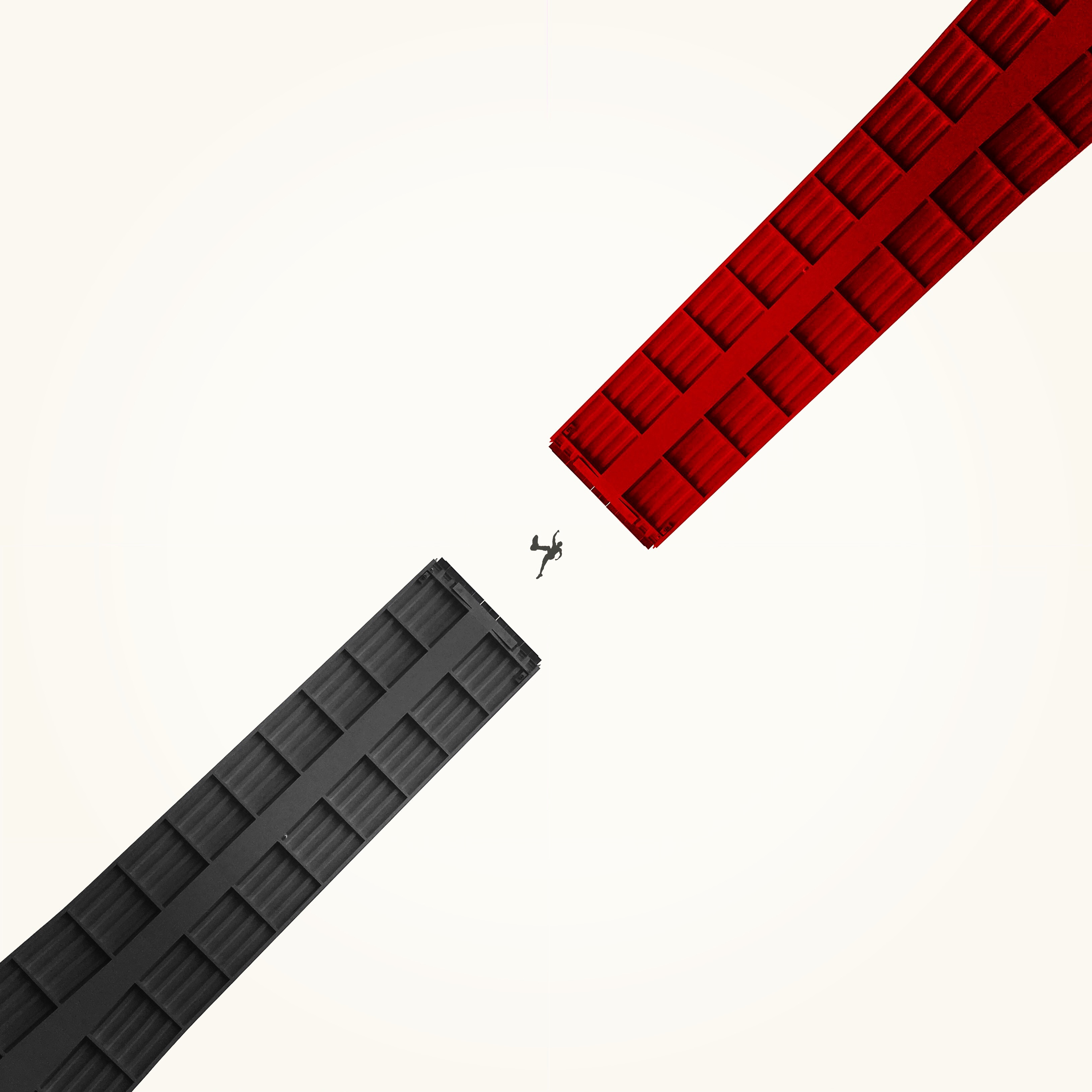 67864 скачать обои силуэт, красный, черный, минимализм, конструкция, прыжок - заставки и картинки бесплатно
