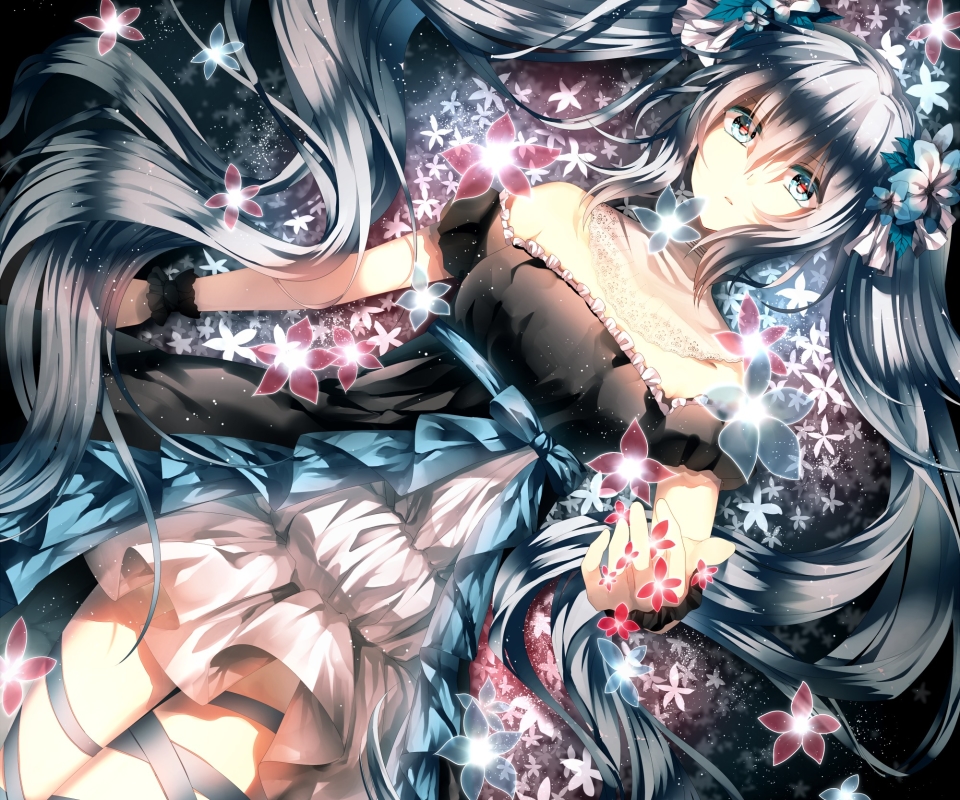 Téléchargez gratuitement l'image Fleur, Vocaloïde, Yeux Bleus, Robe, Animé, Cheveux Bleus, Hatsune Miku, Cheveux Longs, Twintails sur le bureau de votre PC