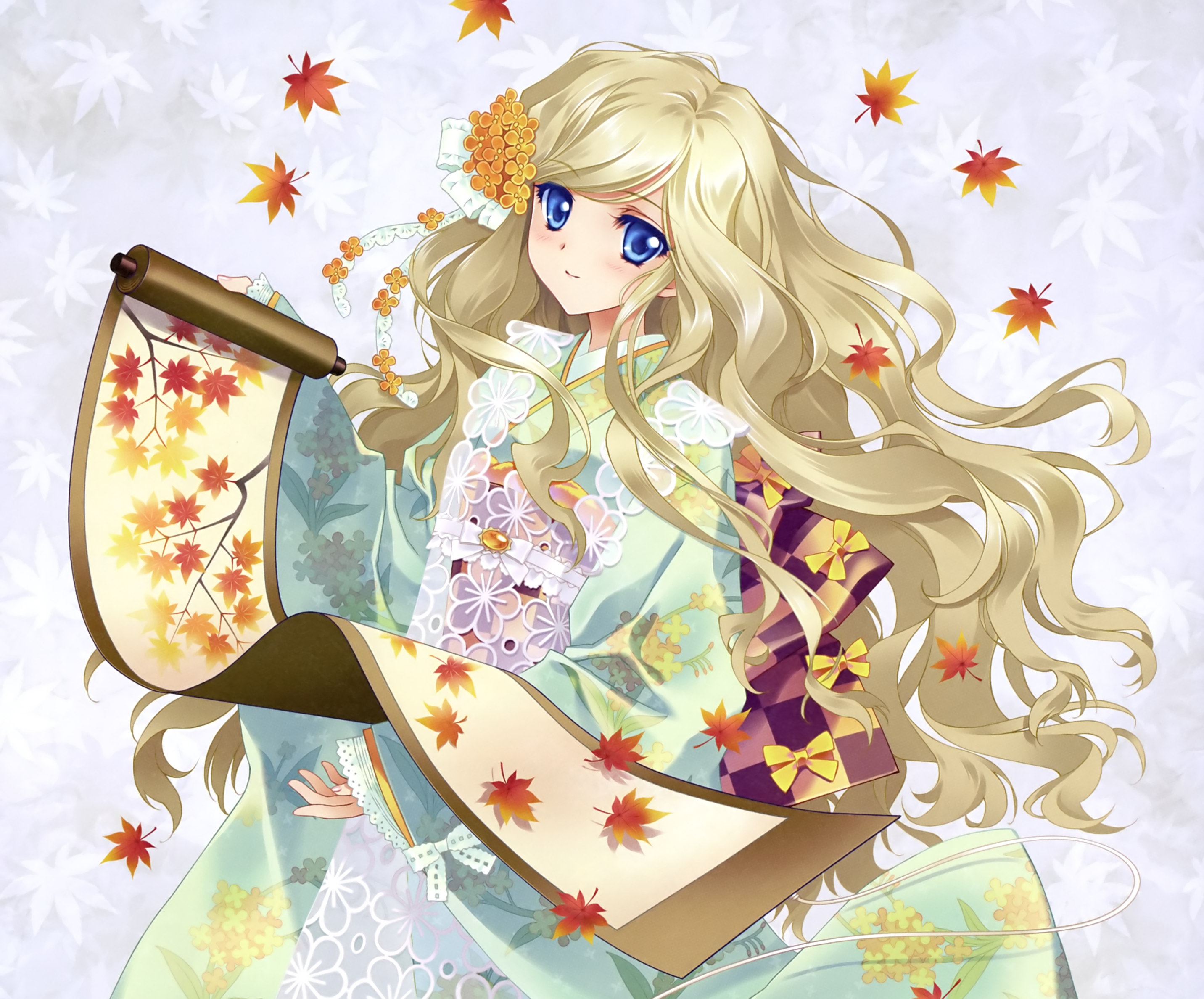 Free download wallpaper Anime, Flower, Smile, Blonde, Kimono, Blue Eyes, Original, Blush, Long Hair, Bow (Clothing), Scroll on your PC desktop