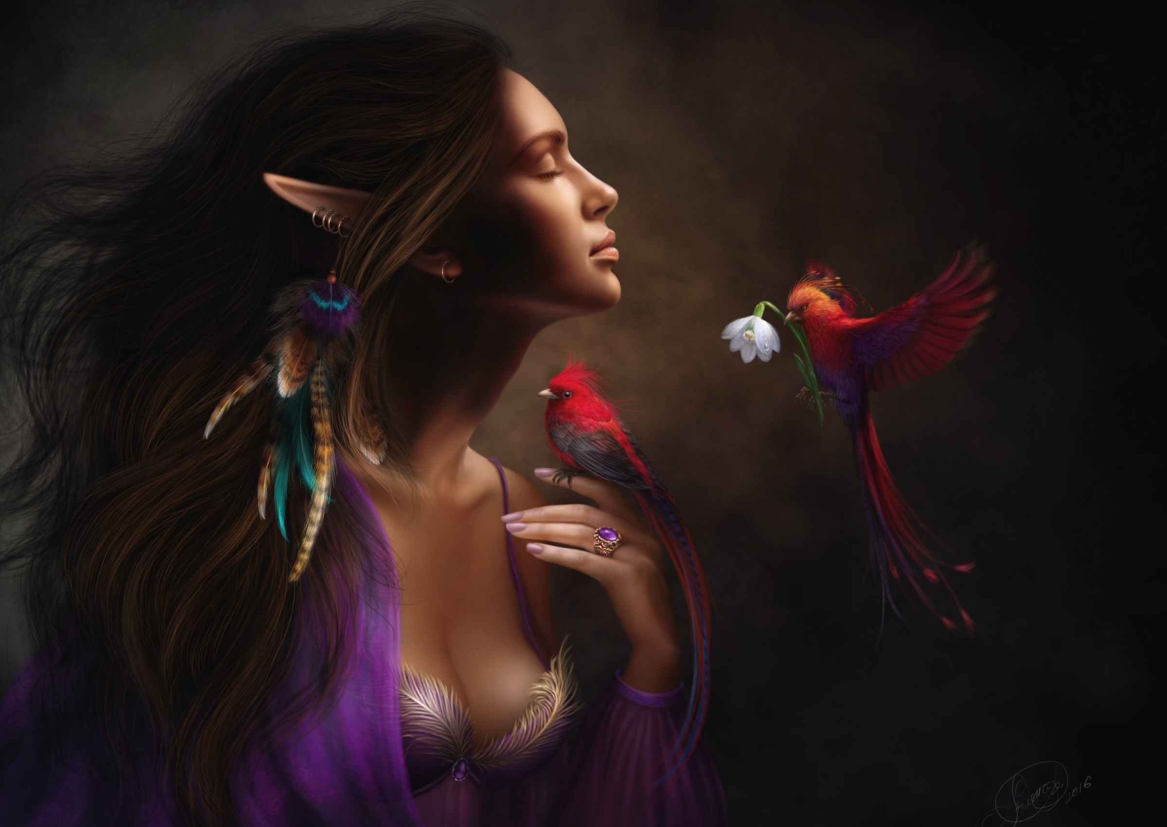 Free download wallpaper Fantasy, Feather, Flower, Bird, Elf on your PC desktop