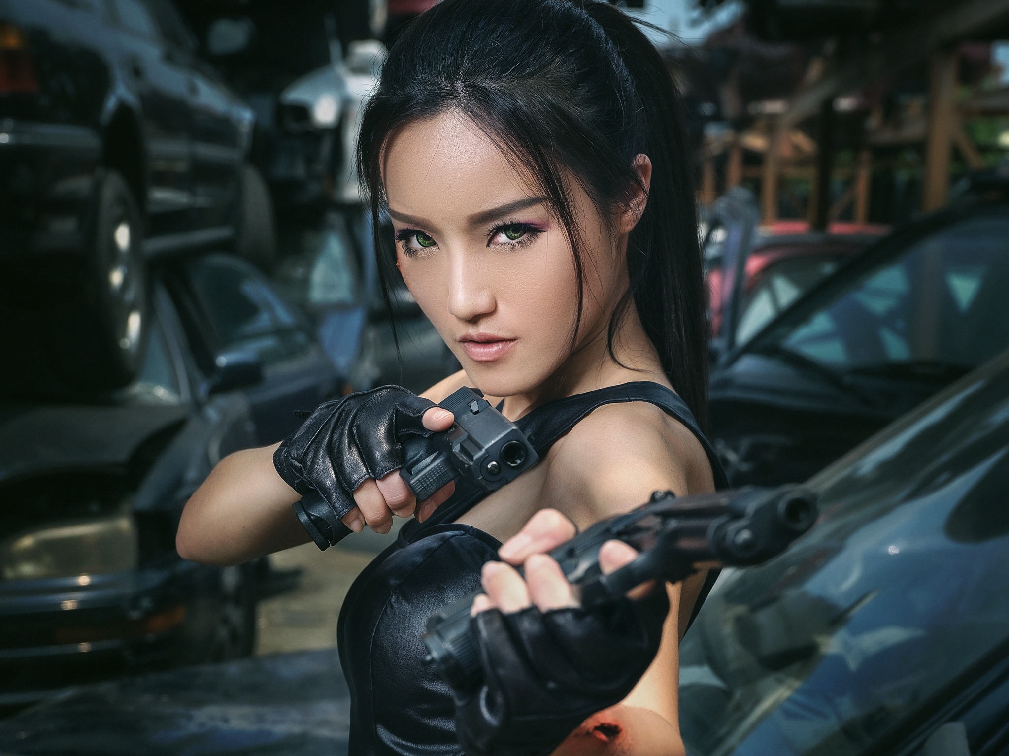 Free download wallpaper Brunette, Model, Women, Green Eyes, Asian, Gun, Girls & Guns on your PC desktop