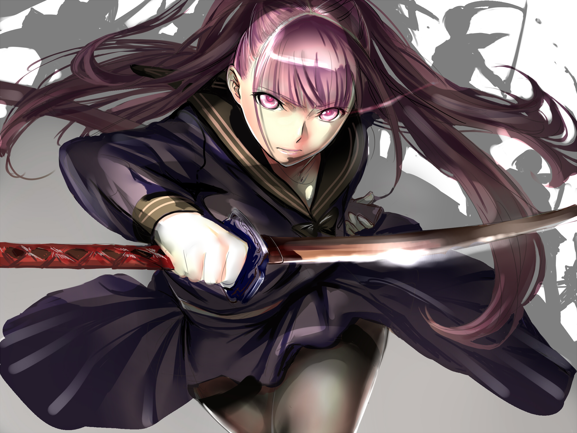 anime, black bullet, katana, long hair, pantyhose, pink eyes, purple hair, school uniform, skirt, sword, weapon