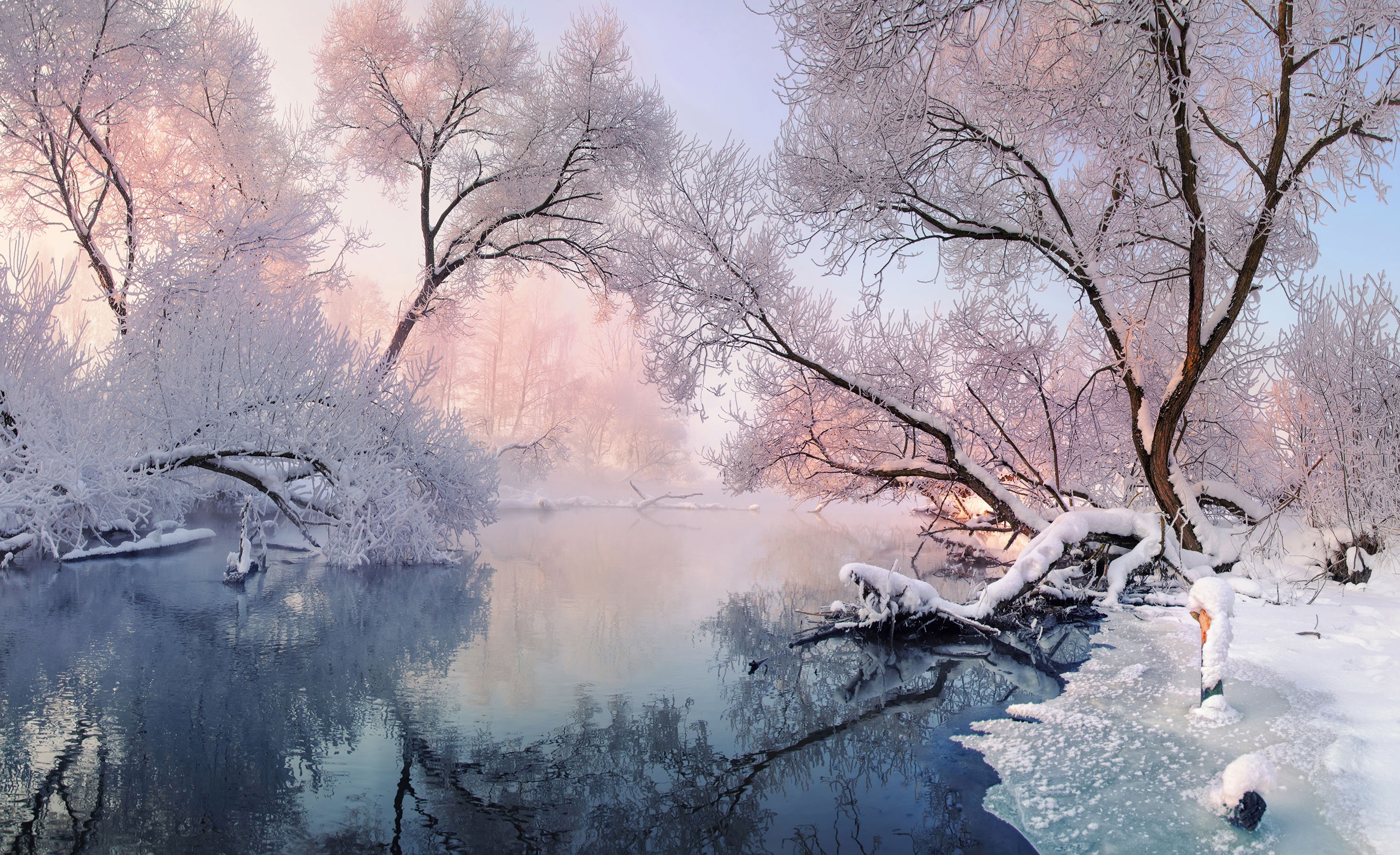 Скачать обои бесплатно Зима, Природа, Река, Снег, Отражение, Земля/природа картинка на рабочий стол ПК