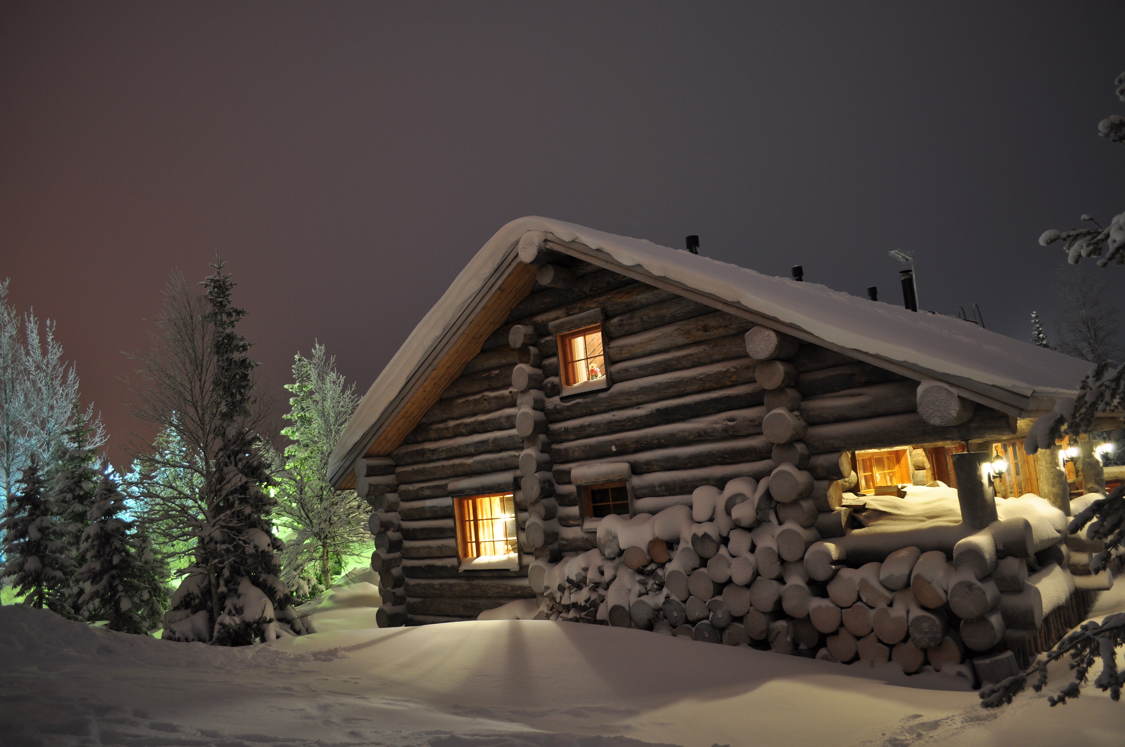 house, shine, drifts, winter, nature, windows, light, logs