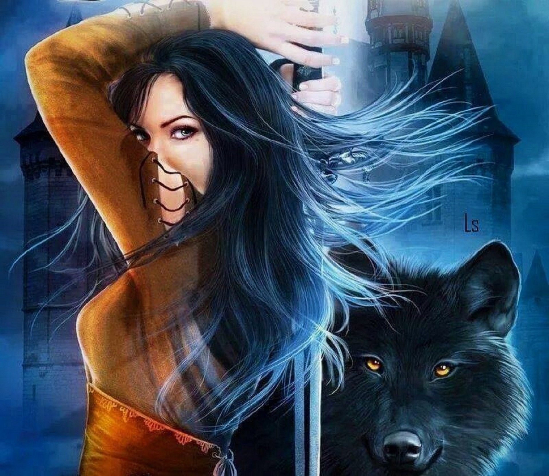 fantasy, women warrior, black wolf, wolf