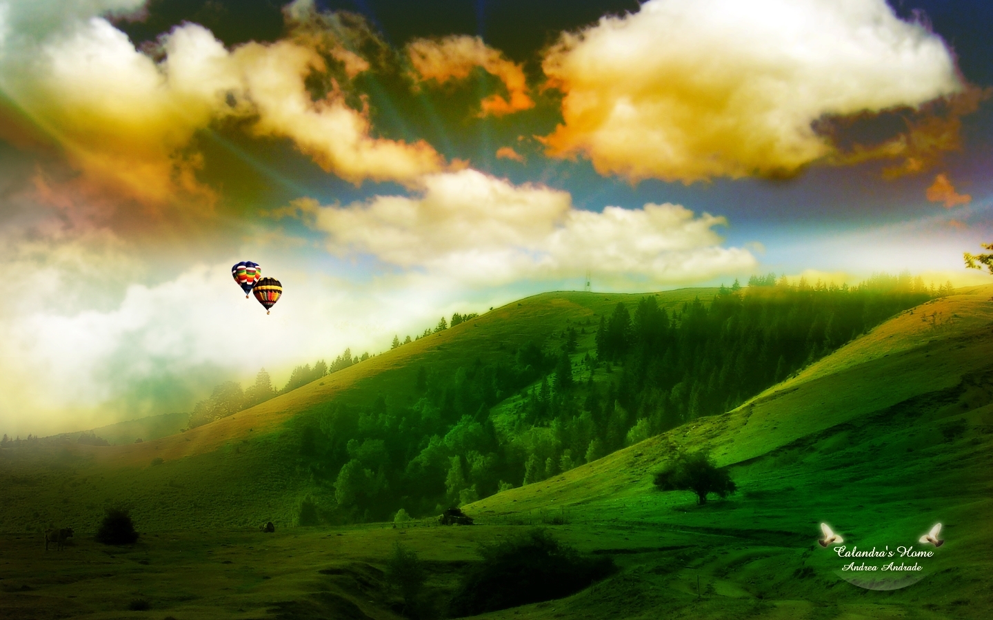 Скачать обои бесплатно Облака, Небо, Деревья, Горы, Пейзаж, Воздушные Шары картинка на рабочий стол ПК
