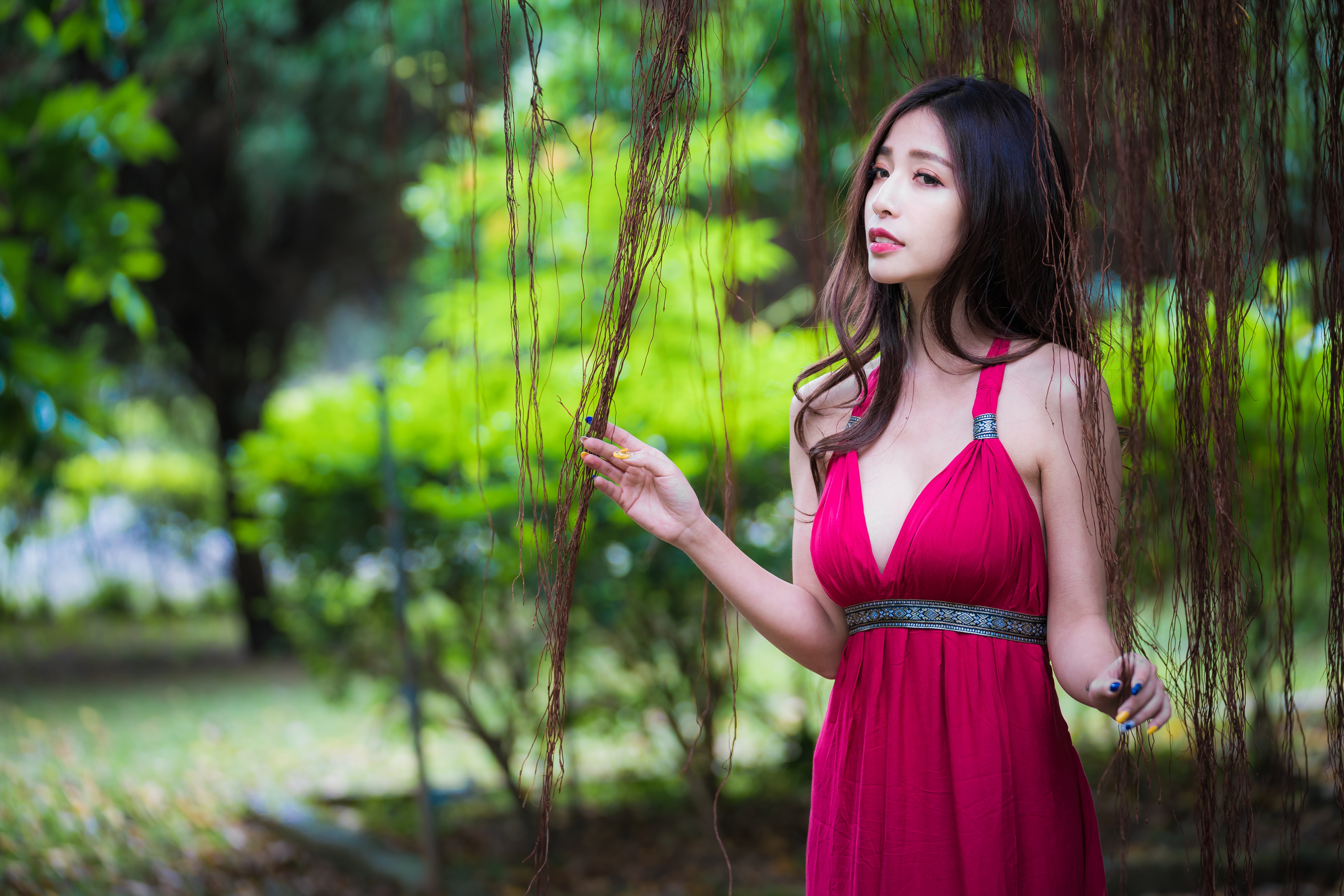 Free download wallpaper Brunette, Model, Women, Asian, Lipstick, Depth Of Field, Pink Dress on your PC desktop