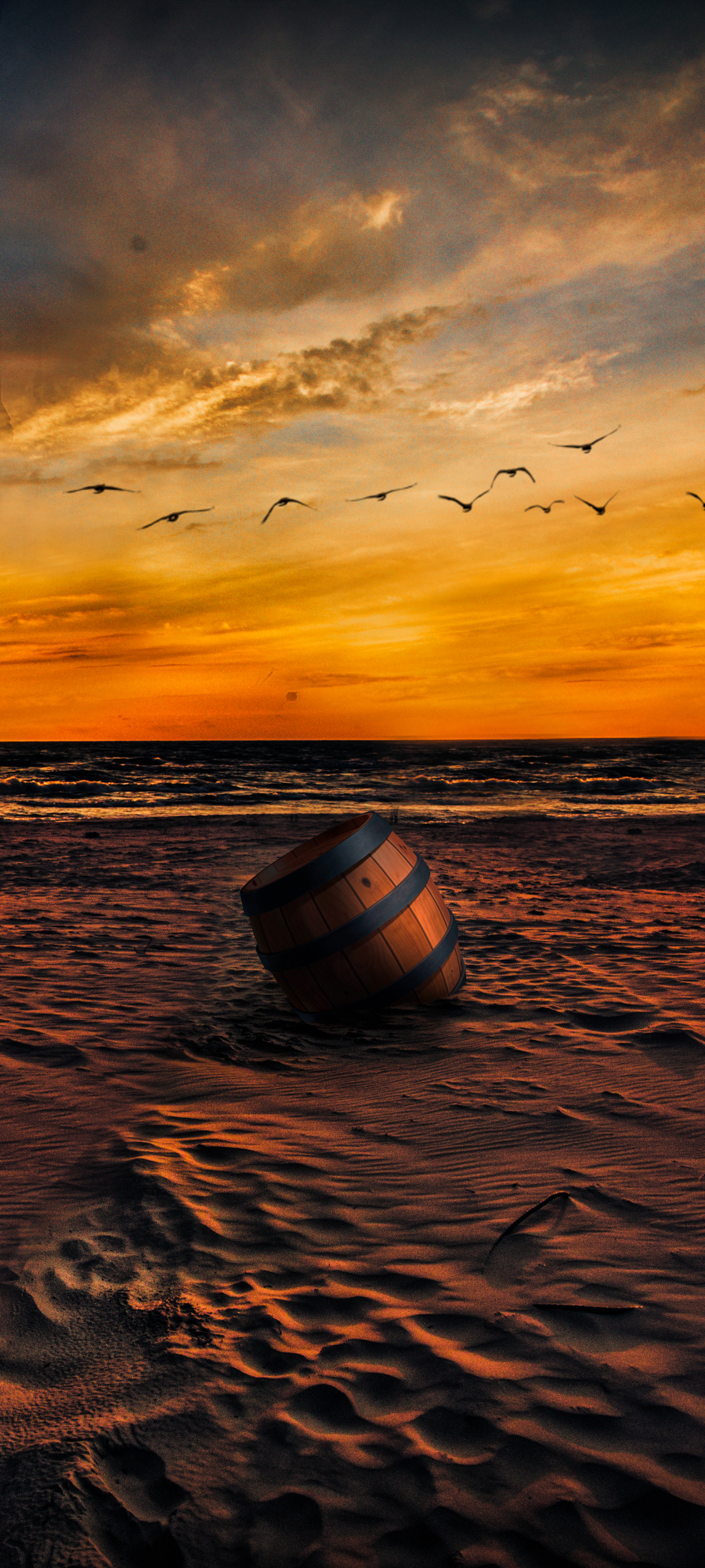 android beach, artistic, barrel, horizon, sunset, manipulation, sand, sky