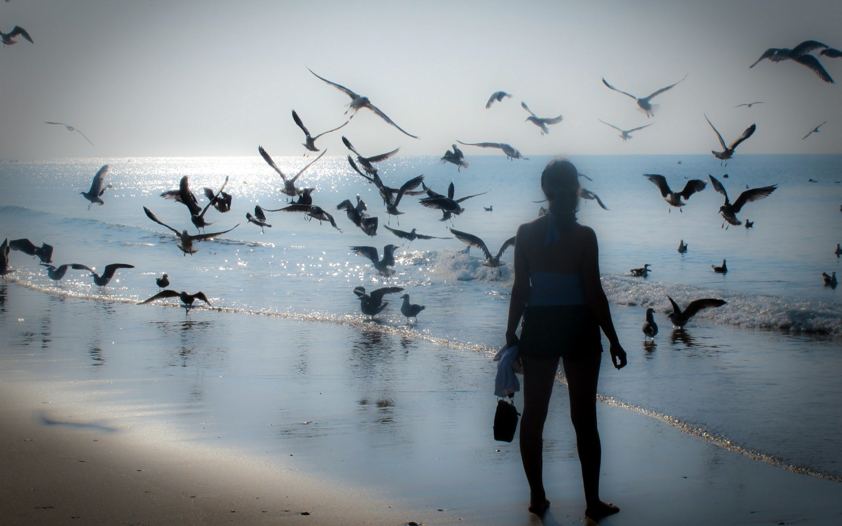 Download mobile wallpaper Beach, Bird, Ocean, Alone, Mood, Women for free.