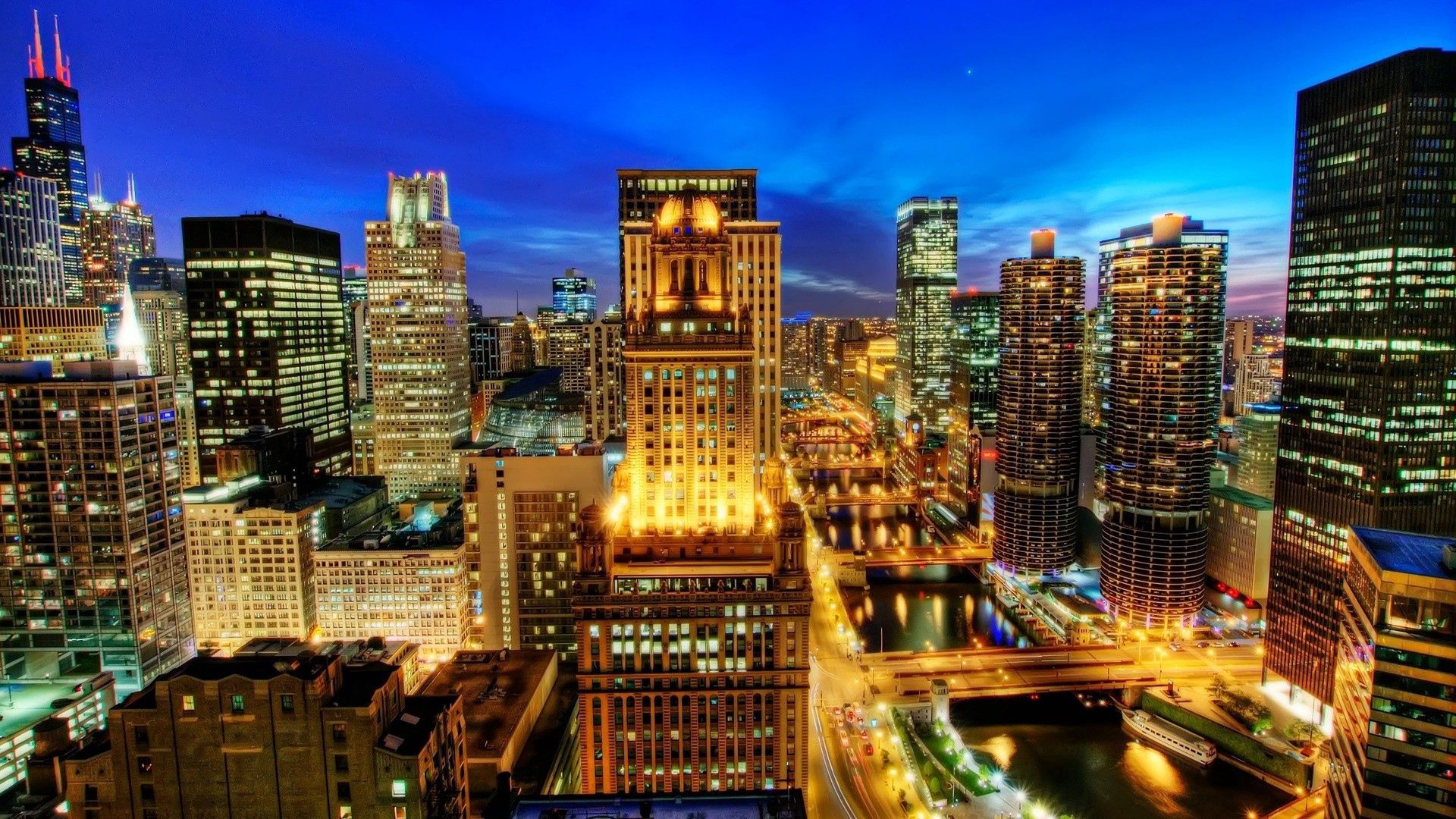 Скачать обои бесплатно Чикаго, Город, Ночь, Города картинка на рабочий стол ПК