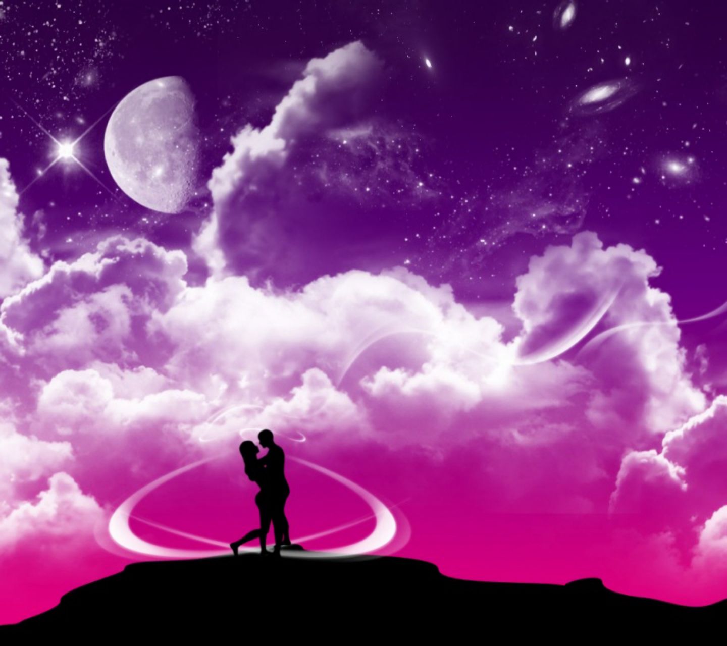 Download mobile wallpaper Sky, Stars, Pink, Moon, Love, Artistic, Romantic for free.