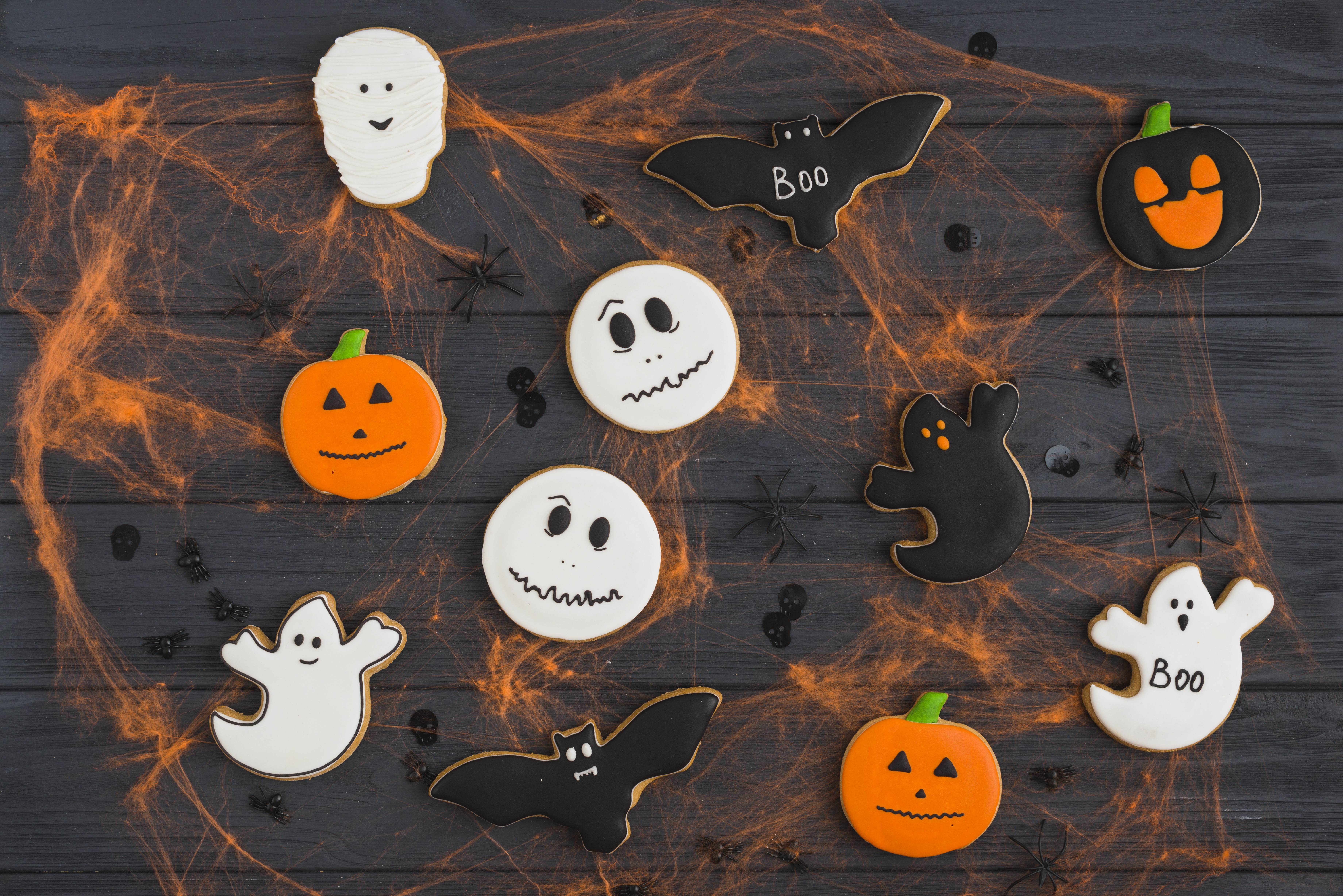 Download mobile wallpaper Halloween, Pumpkin, Holiday, Bat, Ghost, Cookie for free.