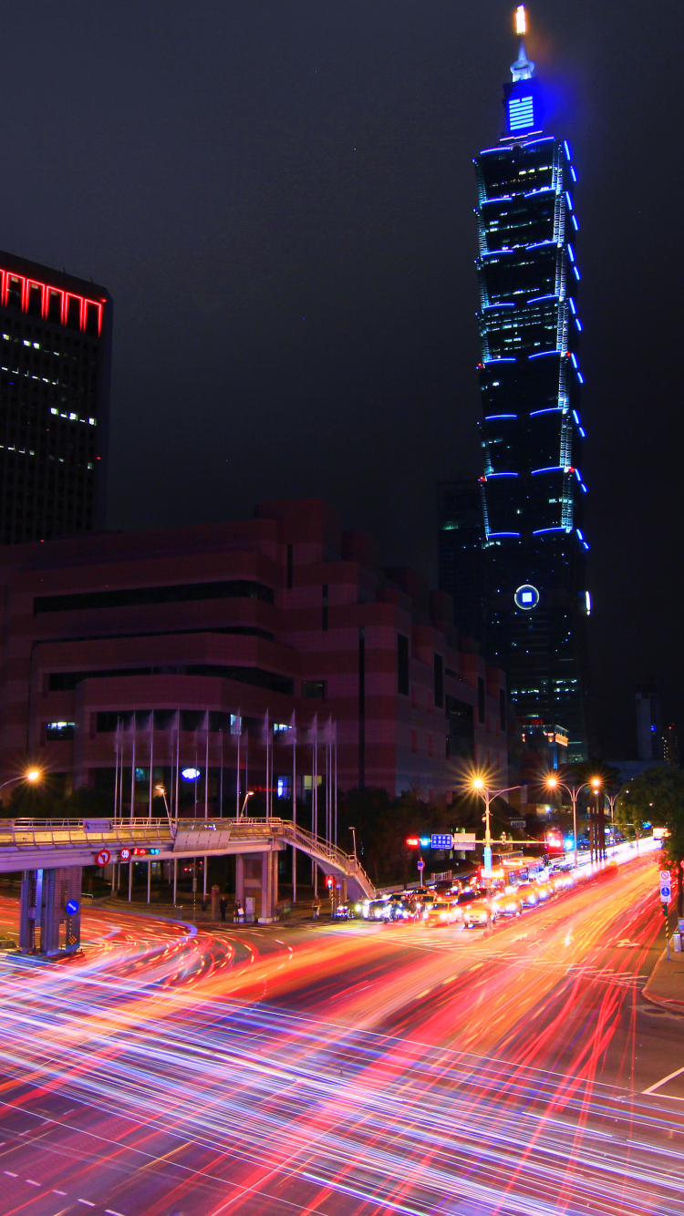 Descarga gratuita de fondo de pantalla para móvil de Noche, Ciudad, Rascacielos, Edificio, Carretera, Taiwán, Hecho Por El Hombre, Taipei 101, Lapso De Tiempo, La Carretera.
