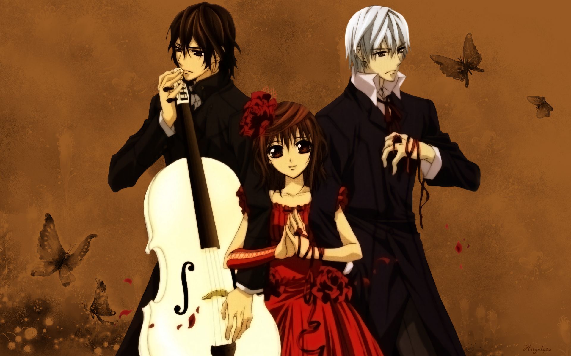 anime, vampire knight, butterfly, cello, kaname kuran, petal, ribbon, yuki cross, yuki kuran, zero kiryu