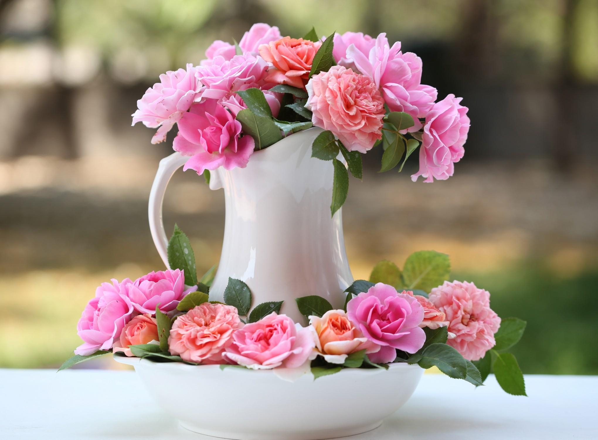 Free download wallpaper Flowers, Jug, Buds, Roses, Bouquet on your PC desktop