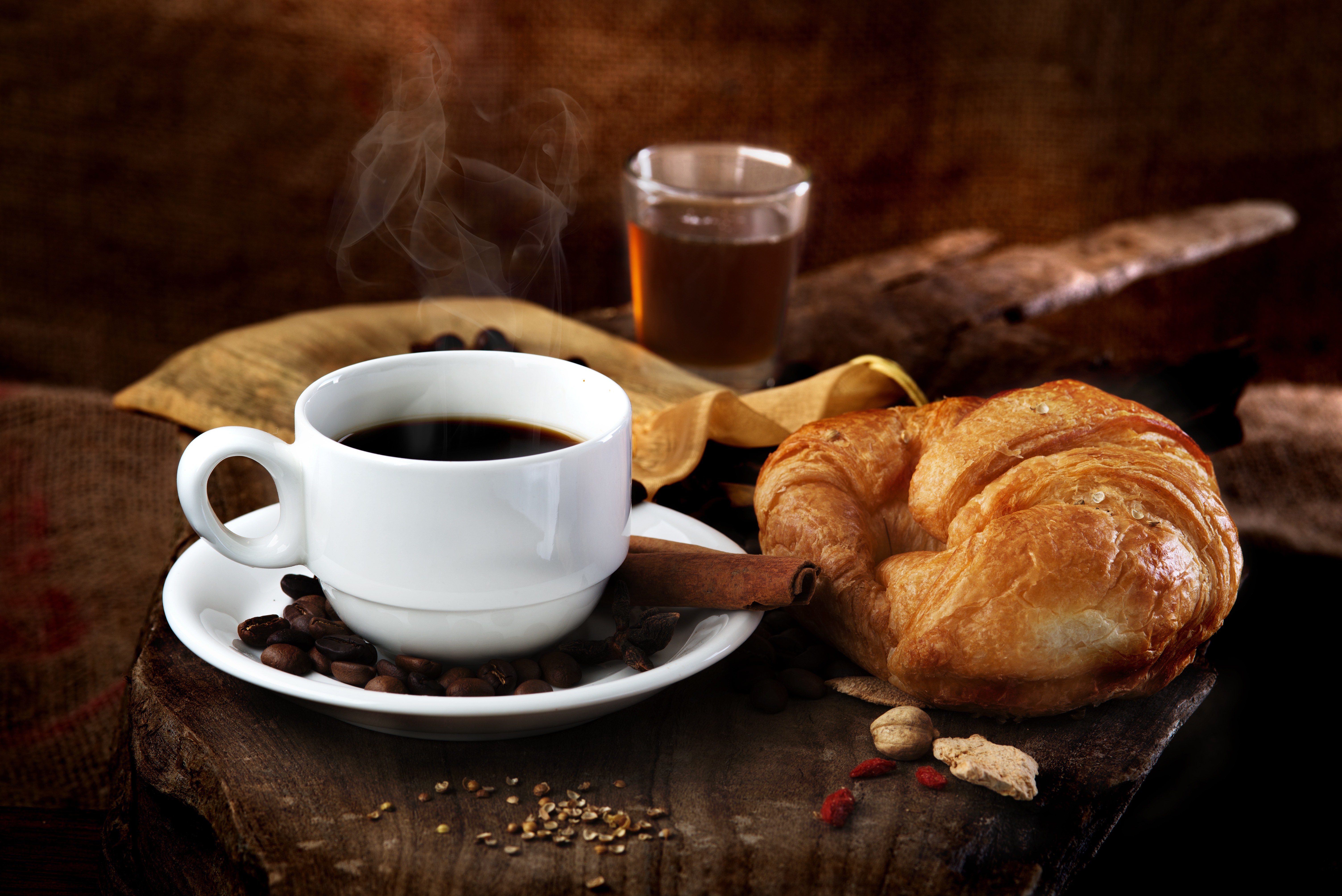 food, coffee, cinnamon, coffee beans, croissant, cup, drink, still life, viennoiserie