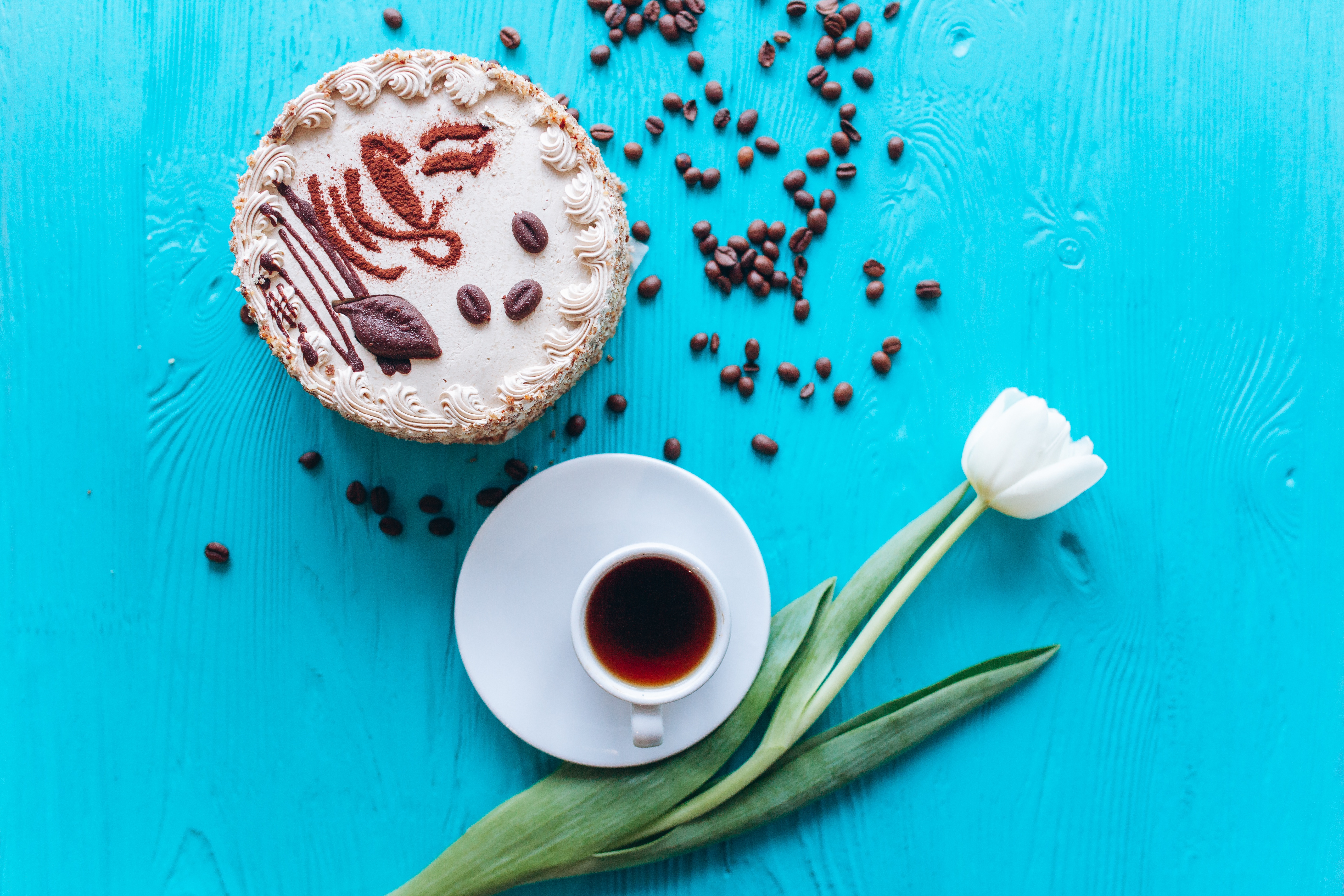 Download mobile wallpaper Food, Coffee, Still Life, Cake, Tulip, Coffee Beans, Pastry for free.
