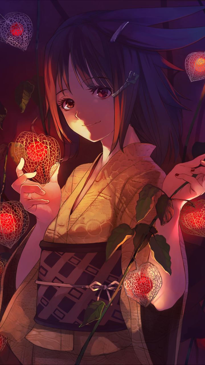 Download mobile wallpaper Anime, Night, Fruit, Original, Red Eyes, Brown Hair, Yukata for free.