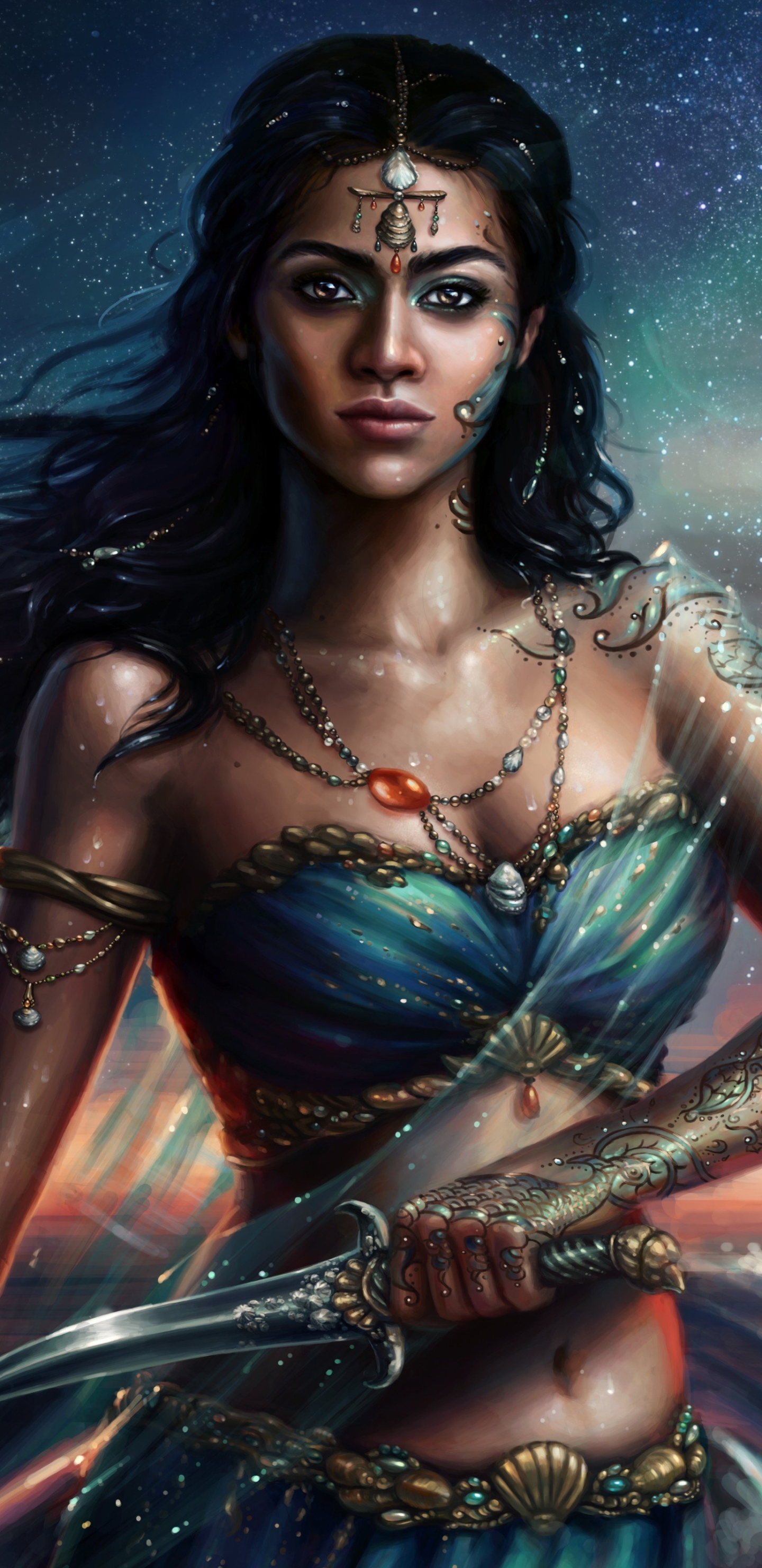 Download mobile wallpaper Fantasy, Stars, Night, Black Hair, Women Warrior for free.