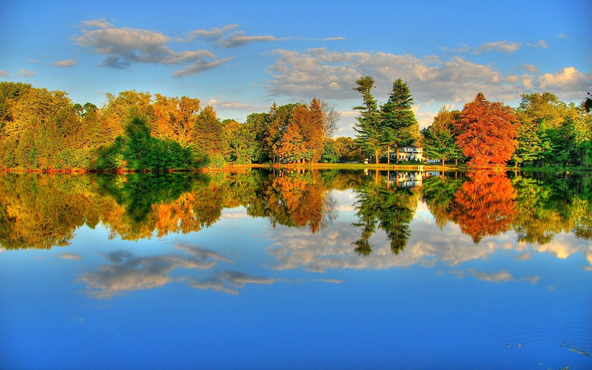 lake, autumn, nature, trees, reflection, shore, bank, house, colors, color 8K