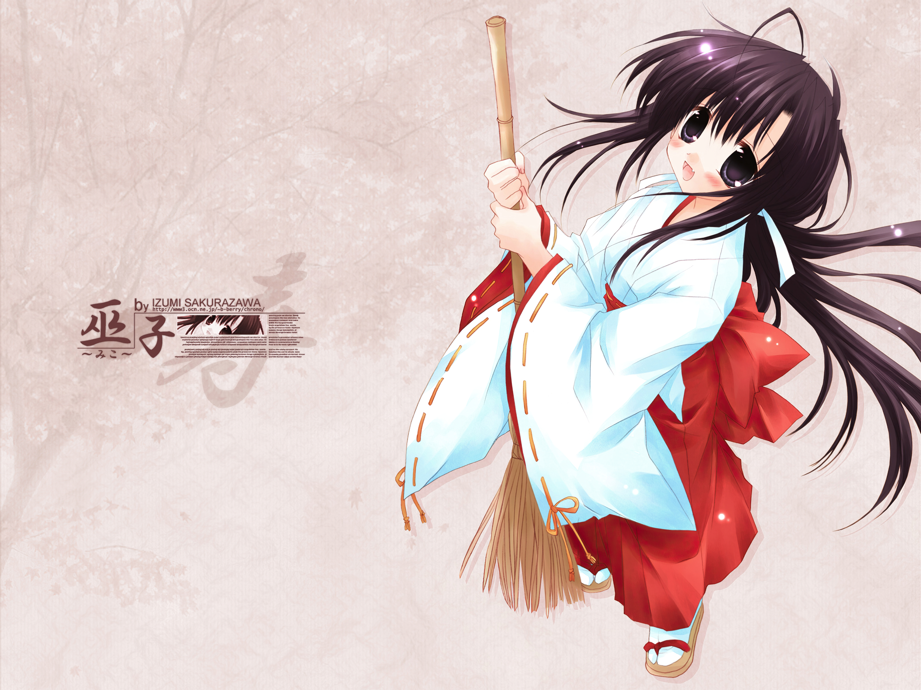 anime, original, blush, broom, long hair, miko outfit, purple eyes, purple hair, ribbon, smile