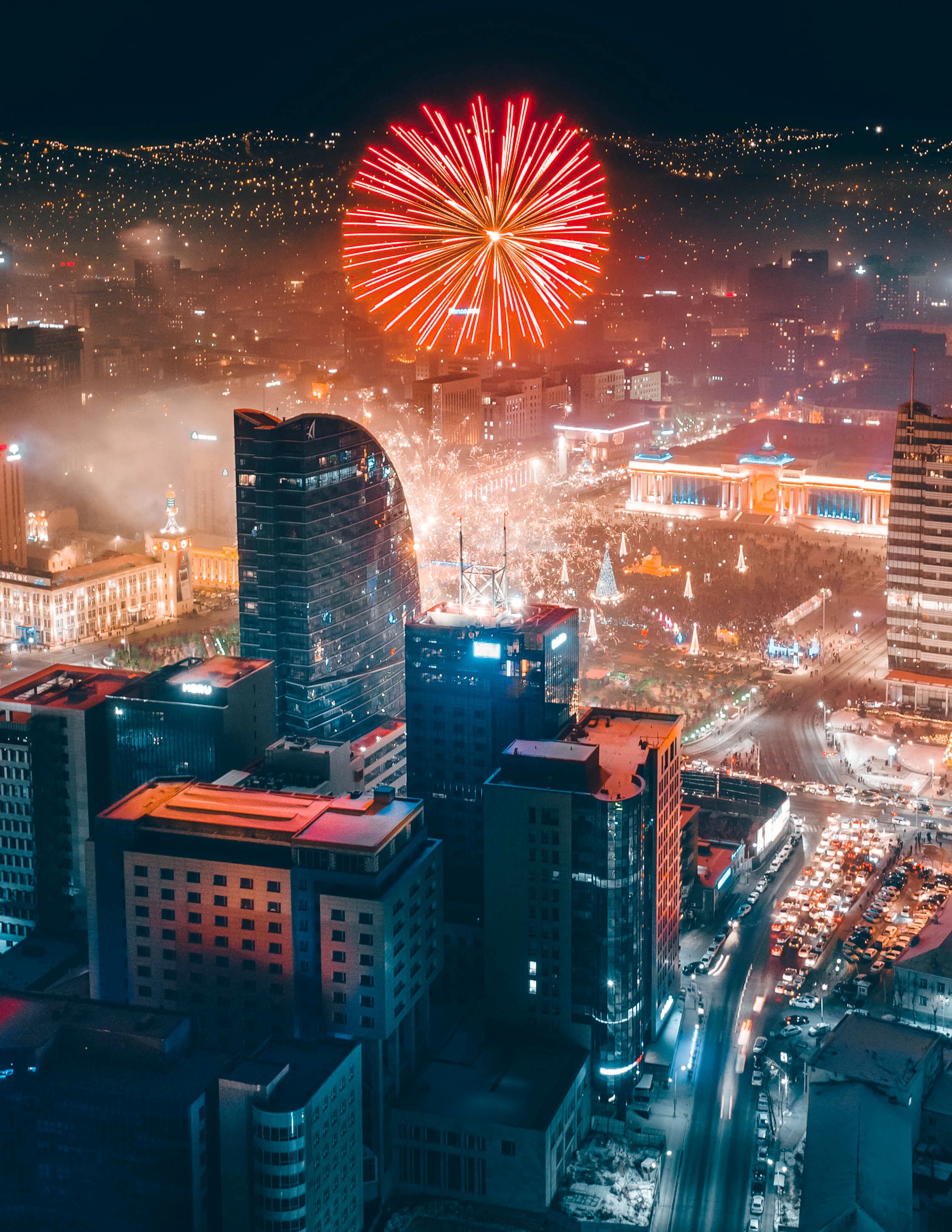 Free download wallpaper Night, Building, Lights, Fireworks, Firework, Holidays, City, View From Above on your PC desktop