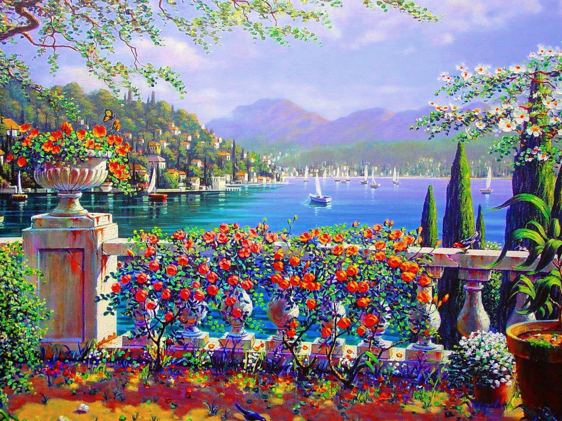 834265 скачать обои море, италия, художественные, картина, лодка, красочный, цветок, ландшафт, терраса, дерево - заставки и картинки бесплатно