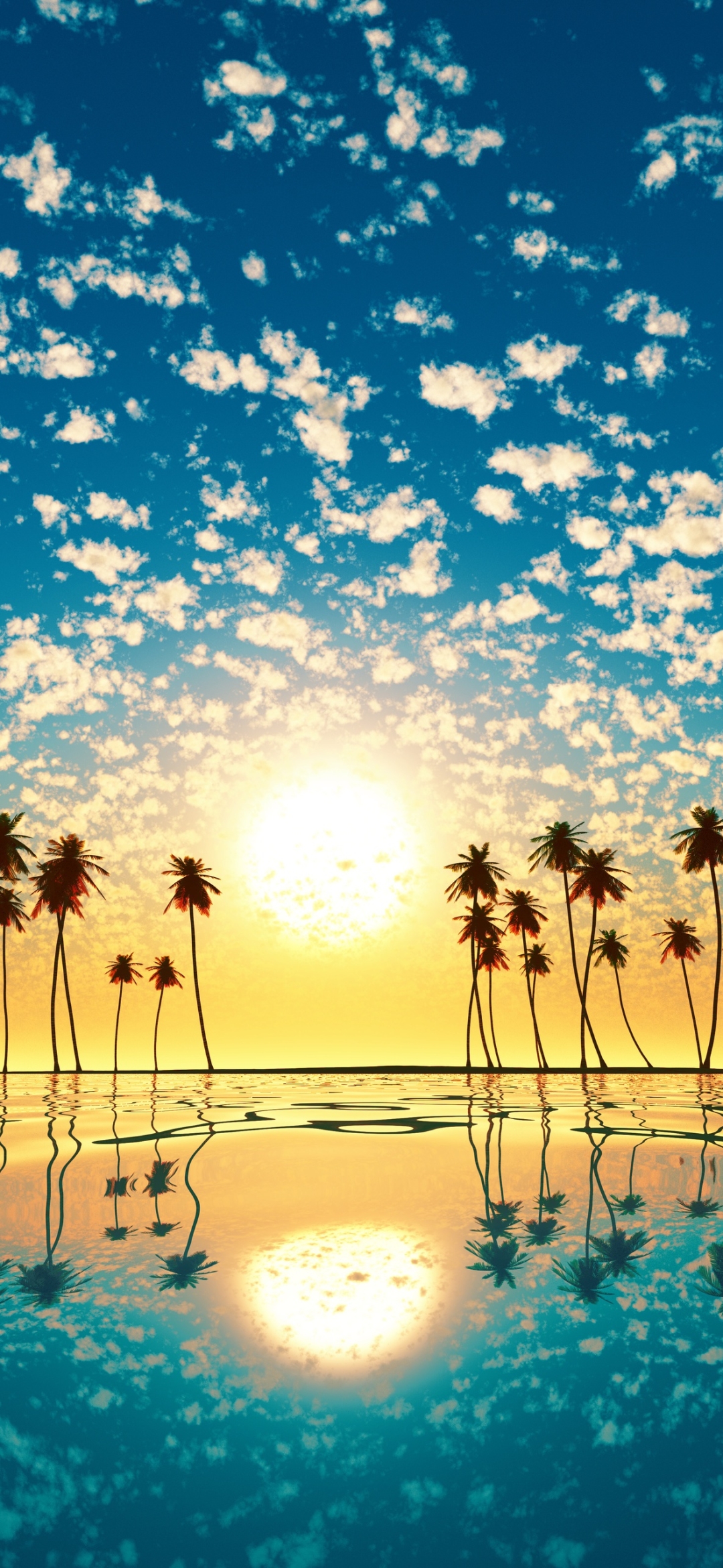 Download mobile wallpaper Sunset, Sky, Sun, Reflection, Earth, Palm Tree for free.