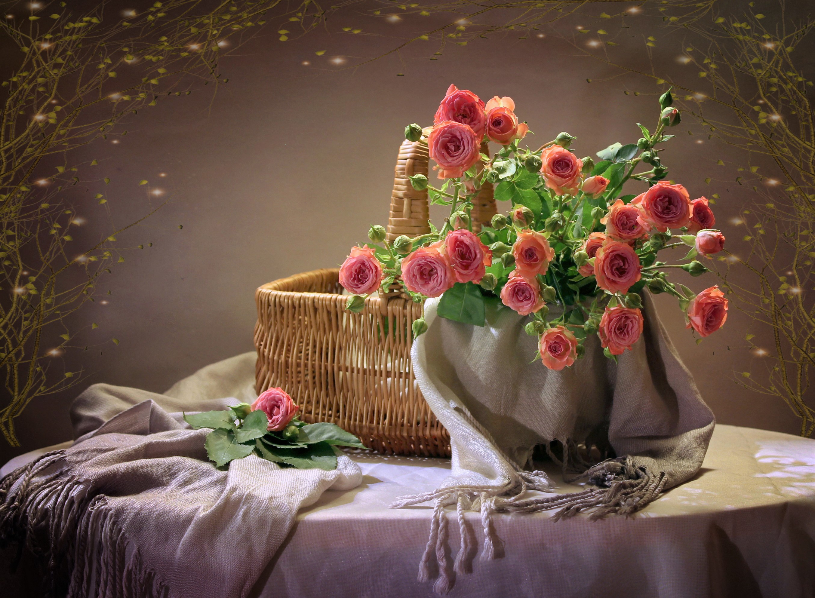 Download mobile wallpaper Still Life, Flower, Light, Rose, Branch, Basket, Photography, Pink Rose for free.