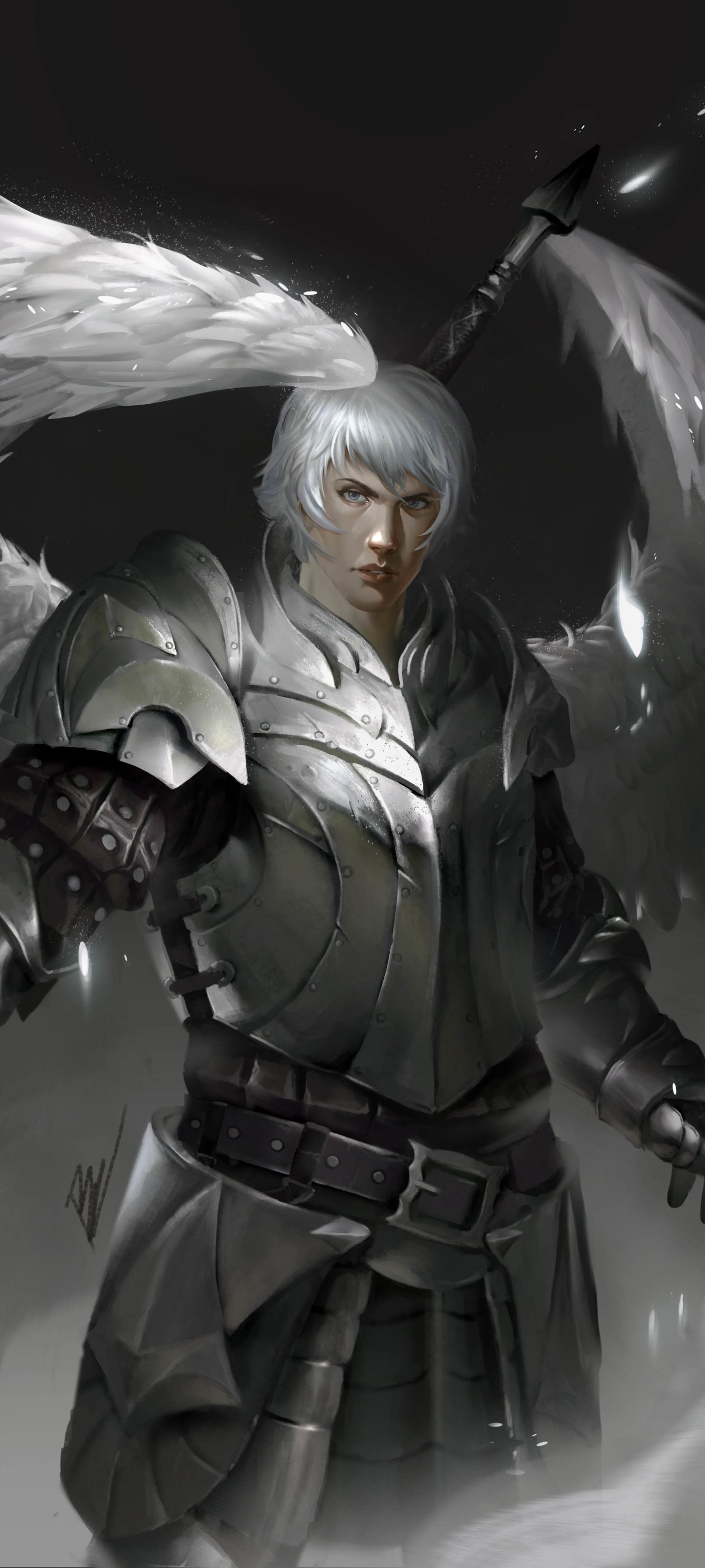 Download mobile wallpaper Fantasy, Armor, White Hair, Angel Warrior for free.