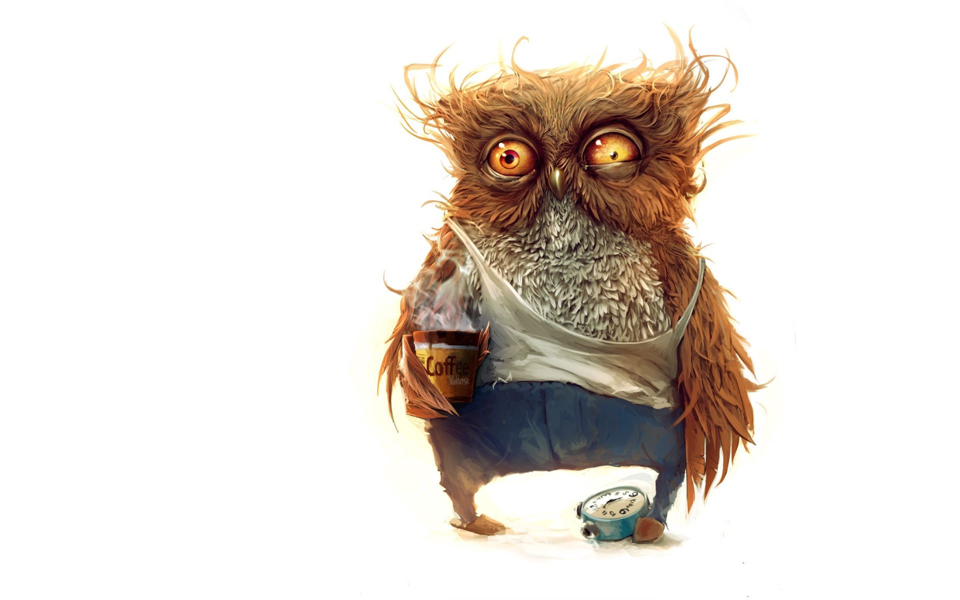 art, owl, coffee, alarm clock